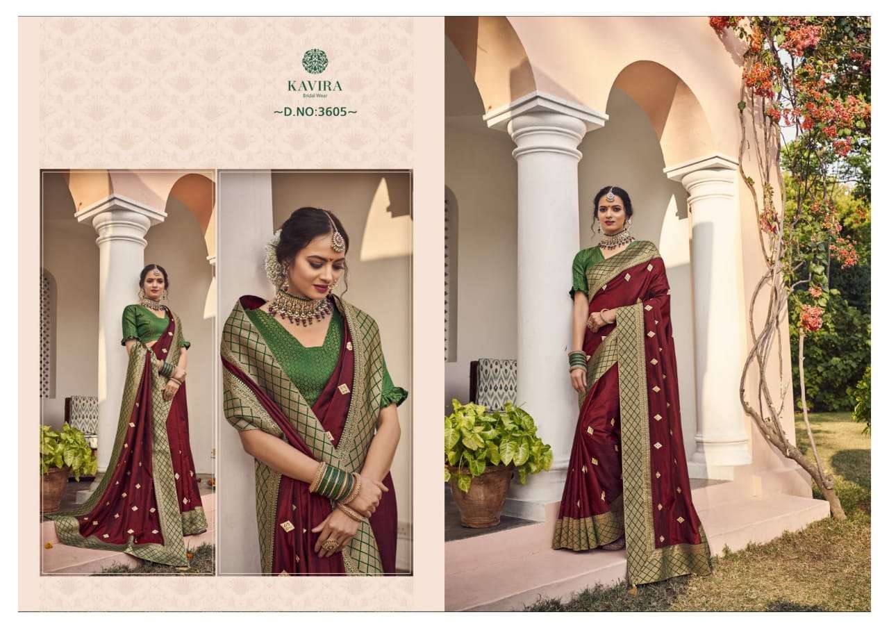 KAVIRA 3601 SERIES BY KAVIRA 3601 TO 3609 SERIES INDIAN TRADITIONAL WEAR COLLECTION BEAUTIFUL STYLISH FANCY COLORFUL PARTY WEAR & OCCASIONAL WEAR VICHITRA SAREES AT WHOLESALE PRICE