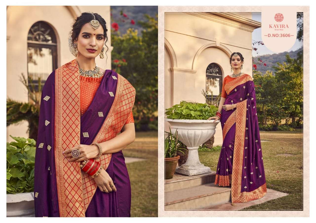 KAVIRA 3601 SERIES BY KAVIRA 3601 TO 3609 SERIES INDIAN TRADITIONAL WEAR COLLECTION BEAUTIFUL STYLISH FANCY COLORFUL PARTY WEAR & OCCASIONAL WEAR VICHITRA SAREES AT WHOLESALE PRICE