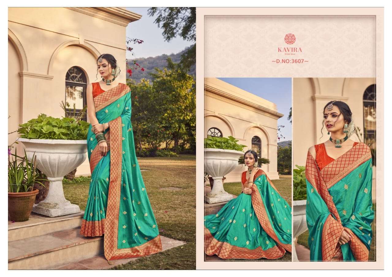 KAVIRA 3601 SERIES BY KAVIRA 3601 TO 3609 SERIES INDIAN TRADITIONAL WEAR COLLECTION BEAUTIFUL STYLISH FANCY COLORFUL PARTY WEAR & OCCASIONAL WEAR VICHITRA SAREES AT WHOLESALE PRICE