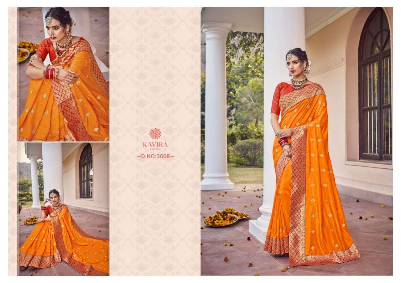 KAVIRA 3601 SERIES BY KAVIRA 3601 TO 3609 SERIES INDIAN TRADITIONAL WEAR COLLECTION BEAUTIFUL STYLISH FANCY COLORFUL PARTY WEAR & OCCASIONAL WEAR VICHITRA SAREES AT WHOLESALE PRICE