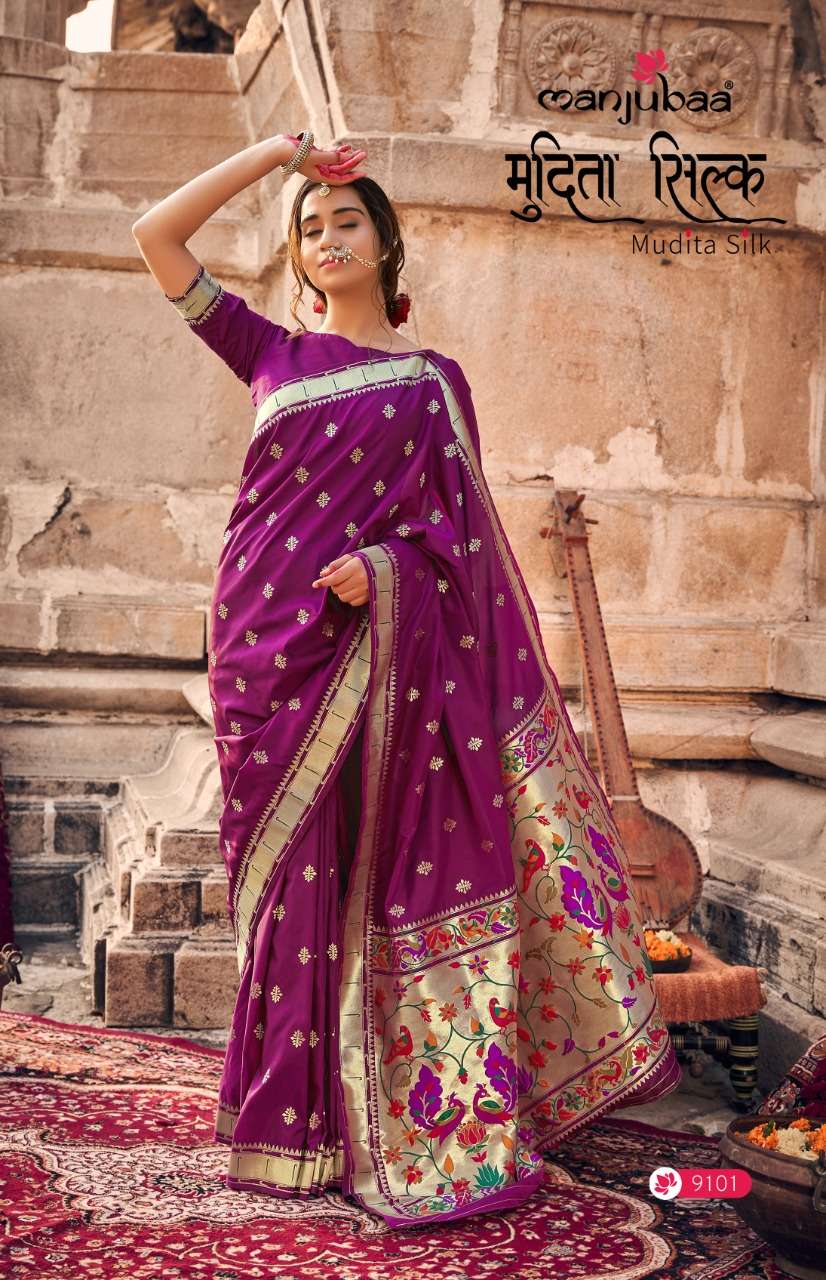 MUDITA SILK BY MANJUBAA CLOTHING 9101 TO 9108 SERIES INDIAN TRADITIONAL WEAR COLLECTION BEAUTIFUL STYLISH FANCY COLORFUL PARTY WEAR & OCCASIONAL WEAR BANARASI SILK SAREES AT WHOLESALE PRICE