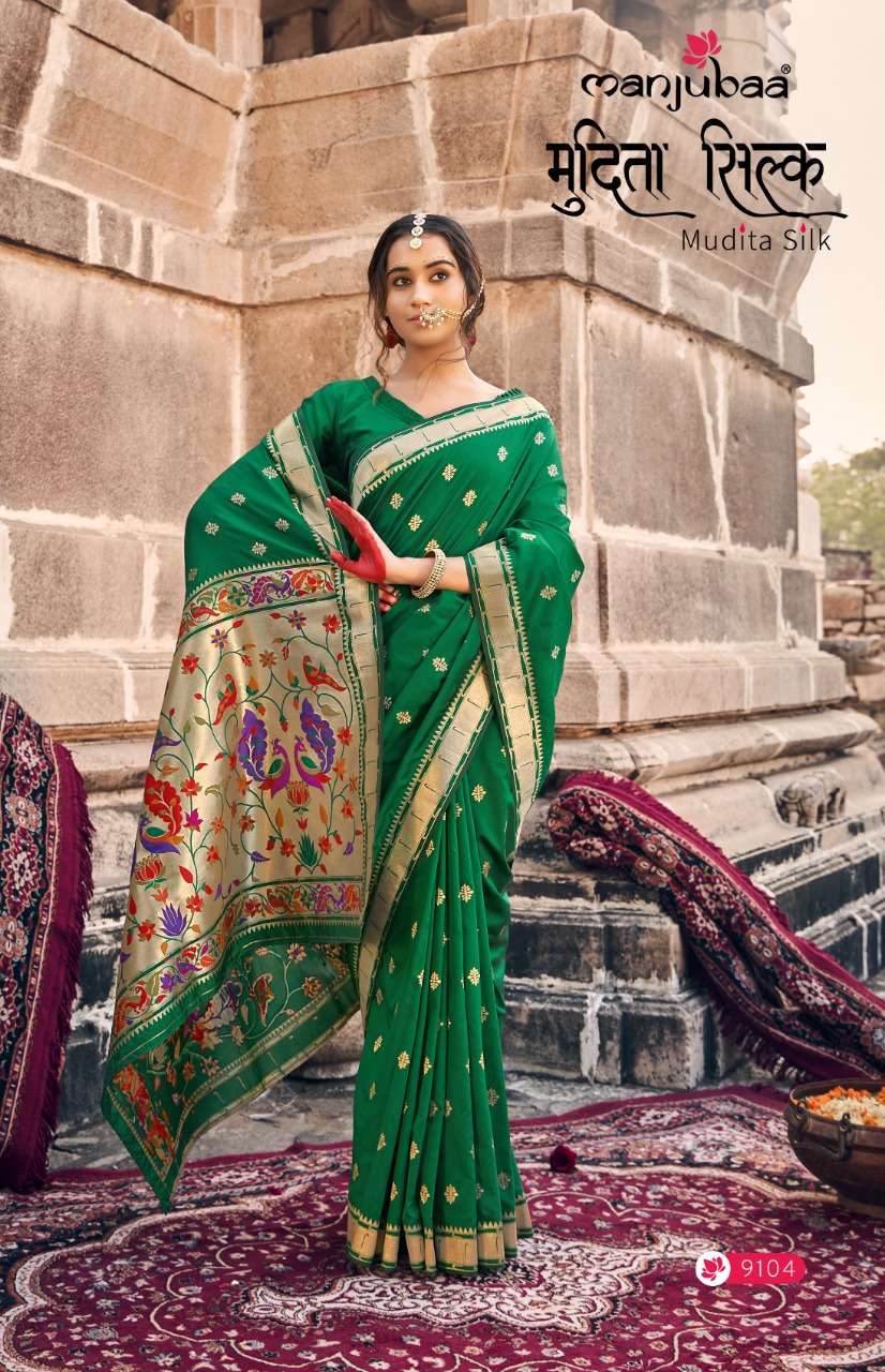 MUDITA SILK BY MANJUBAA CLOTHING 9101 TO 9108 SERIES INDIAN TRADITIONAL WEAR COLLECTION BEAUTIFUL STYLISH FANCY COLORFUL PARTY WEAR & OCCASIONAL WEAR BANARASI SILK SAREES AT WHOLESALE PRICE