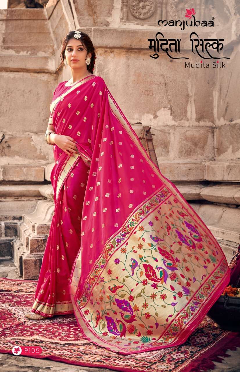 MUDITA SILK BY MANJUBAA CLOTHING 9101 TO 9108 SERIES INDIAN TRADITIONAL WEAR COLLECTION BEAUTIFUL STYLISH FANCY COLORFUL PARTY WEAR & OCCASIONAL WEAR BANARASI SILK SAREES AT WHOLESALE PRICE