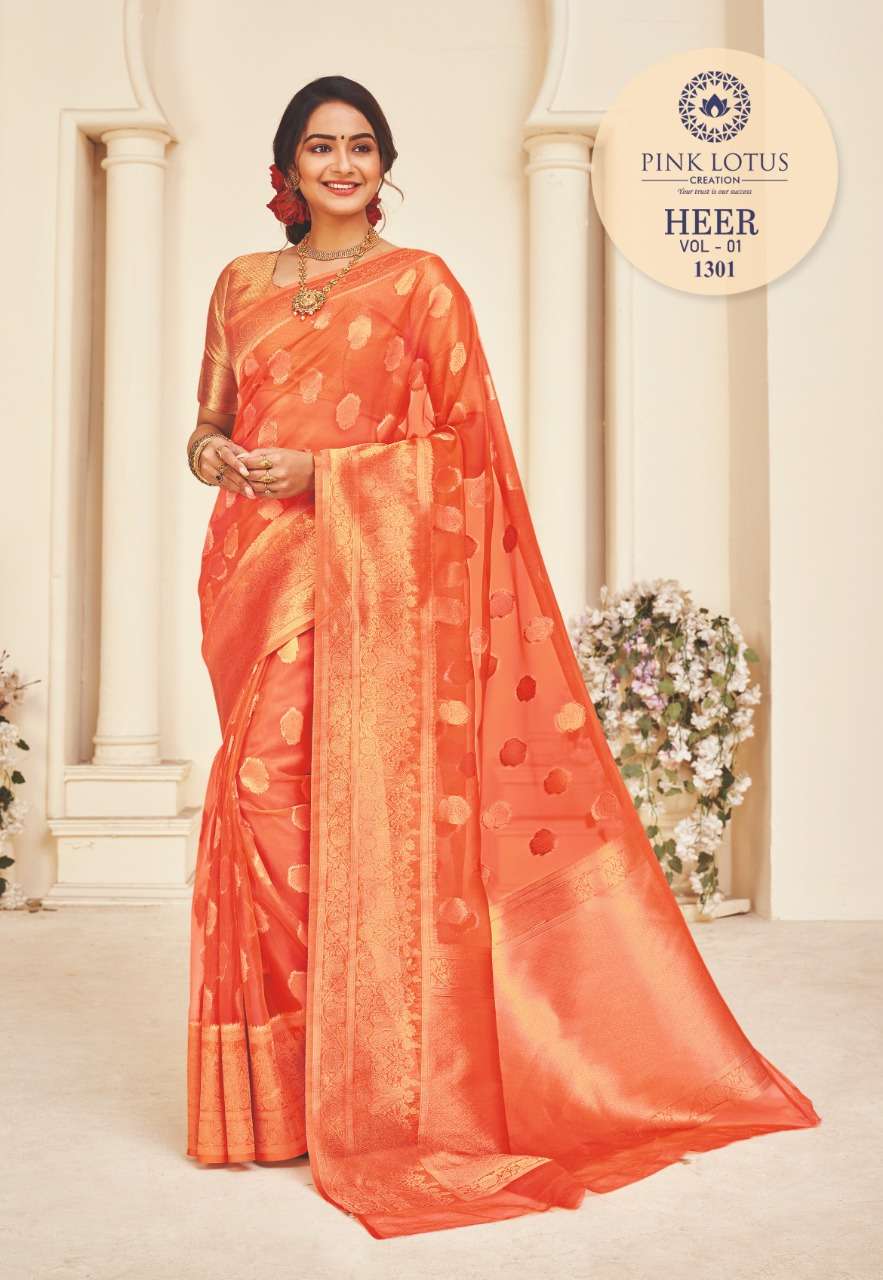 HEER BY PINK LOTUS 1301 TO 1313 SERIES INDIAN TRADITIONAL WEAR COLLECTION BEAUTIFUL STYLISH FANCY COLORFUL PARTY WEAR & OCCASIONAL WEAR ORGANZA SILK SAREES AT WHOLESALE PRICE