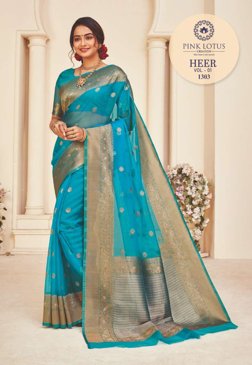 HEER BY PINK LOTUS 1301 TO 1313 SERIES INDIAN TRADITIONAL WEAR COLLECTION BEAUTIFUL STYLISH FANCY COLORFUL PARTY WEAR & OCCASIONAL WEAR ORGANZA SILK SAREES AT WHOLESALE PRICE
