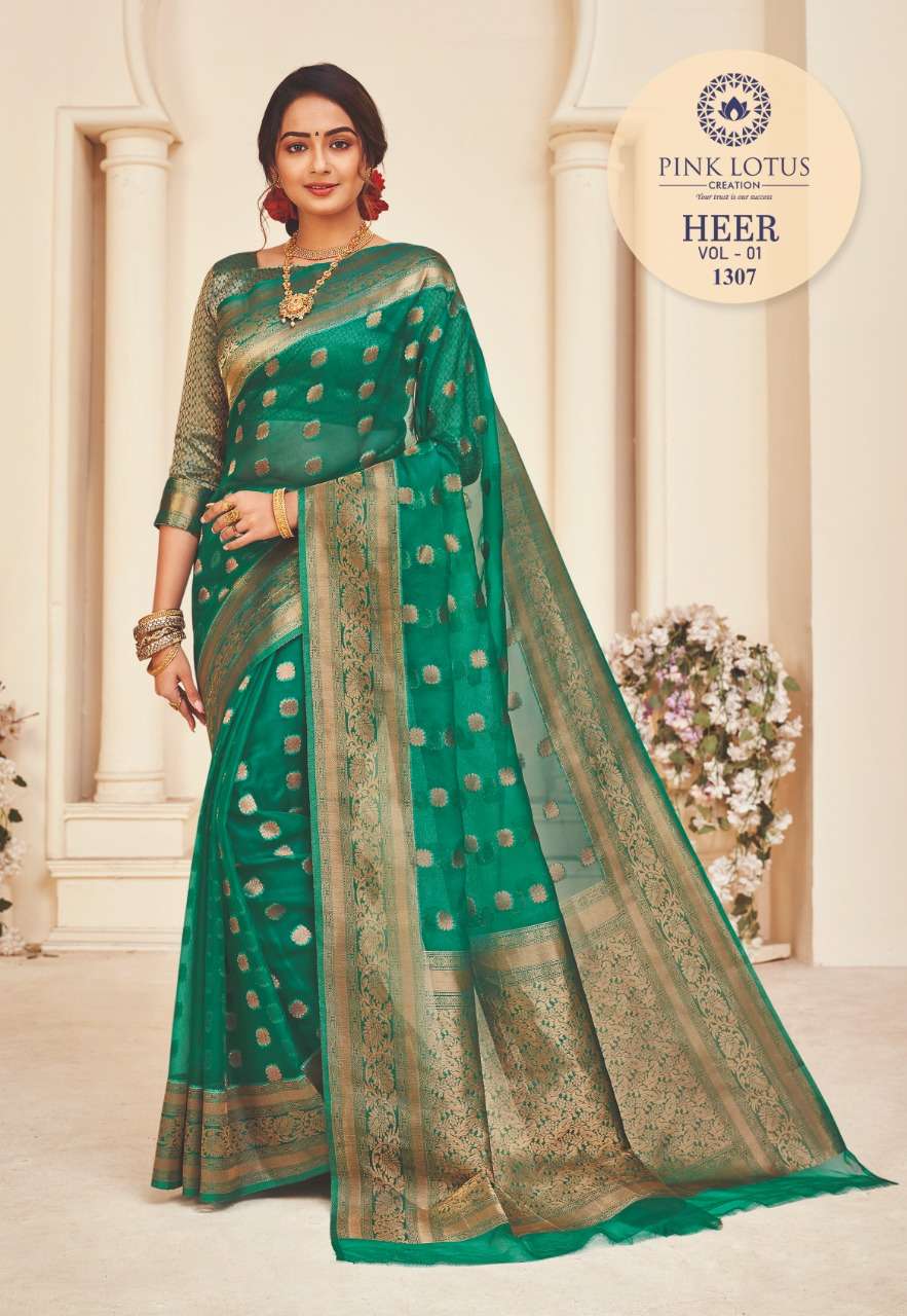 HEER BY PINK LOTUS 1301 TO 1313 SERIES INDIAN TRADITIONAL WEAR COLLECTION BEAUTIFUL STYLISH FANCY COLORFUL PARTY WEAR & OCCASIONAL WEAR ORGANZA SILK SAREES AT WHOLESALE PRICE