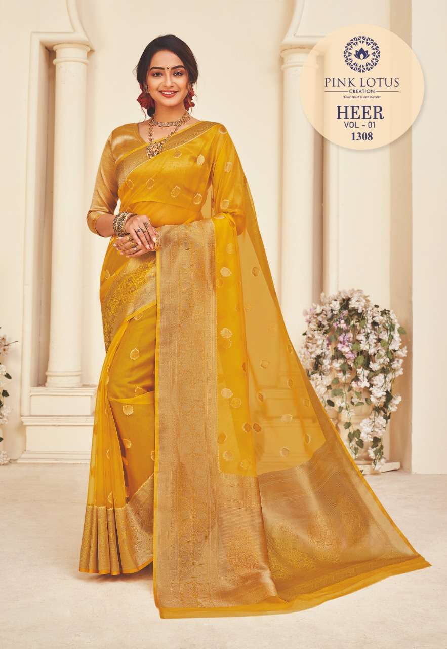 HEER BY PINK LOTUS 1301 TO 1313 SERIES INDIAN TRADITIONAL WEAR COLLECTION BEAUTIFUL STYLISH FANCY COLORFUL PARTY WEAR & OCCASIONAL WEAR ORGANZA SILK SAREES AT WHOLESALE PRICE