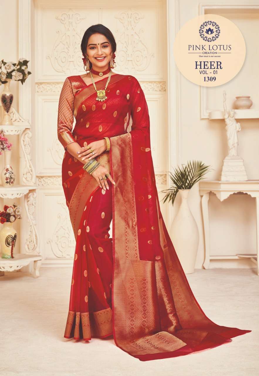 HEER BY PINK LOTUS 1301 TO 1313 SERIES INDIAN TRADITIONAL WEAR COLLECTION BEAUTIFUL STYLISH FANCY COLORFUL PARTY WEAR & OCCASIONAL WEAR ORGANZA SILK SAREES AT WHOLESALE PRICE