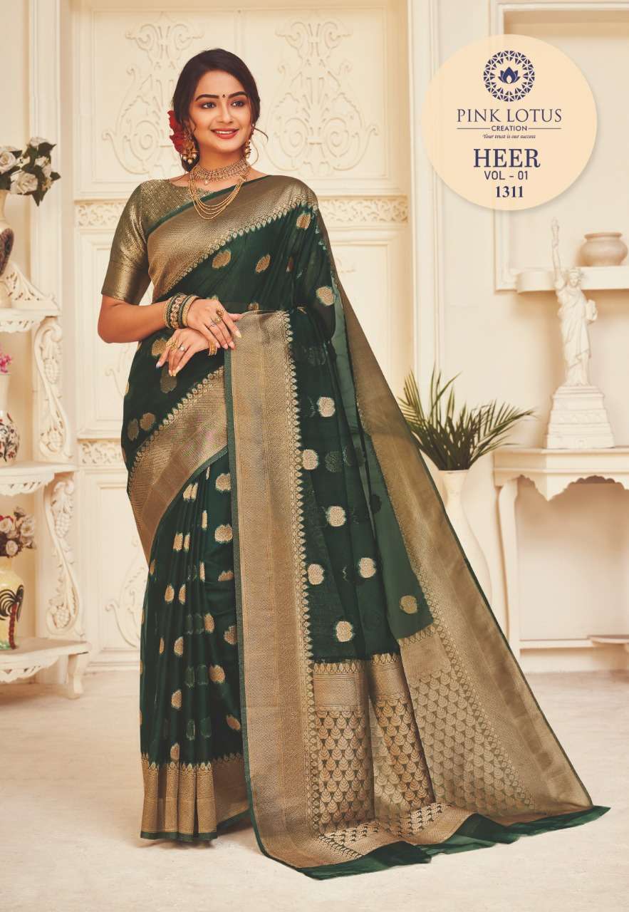 HEER BY PINK LOTUS 1301 TO 1313 SERIES INDIAN TRADITIONAL WEAR COLLECTION BEAUTIFUL STYLISH FANCY COLORFUL PARTY WEAR & OCCASIONAL WEAR ORGANZA SILK SAREES AT WHOLESALE PRICE