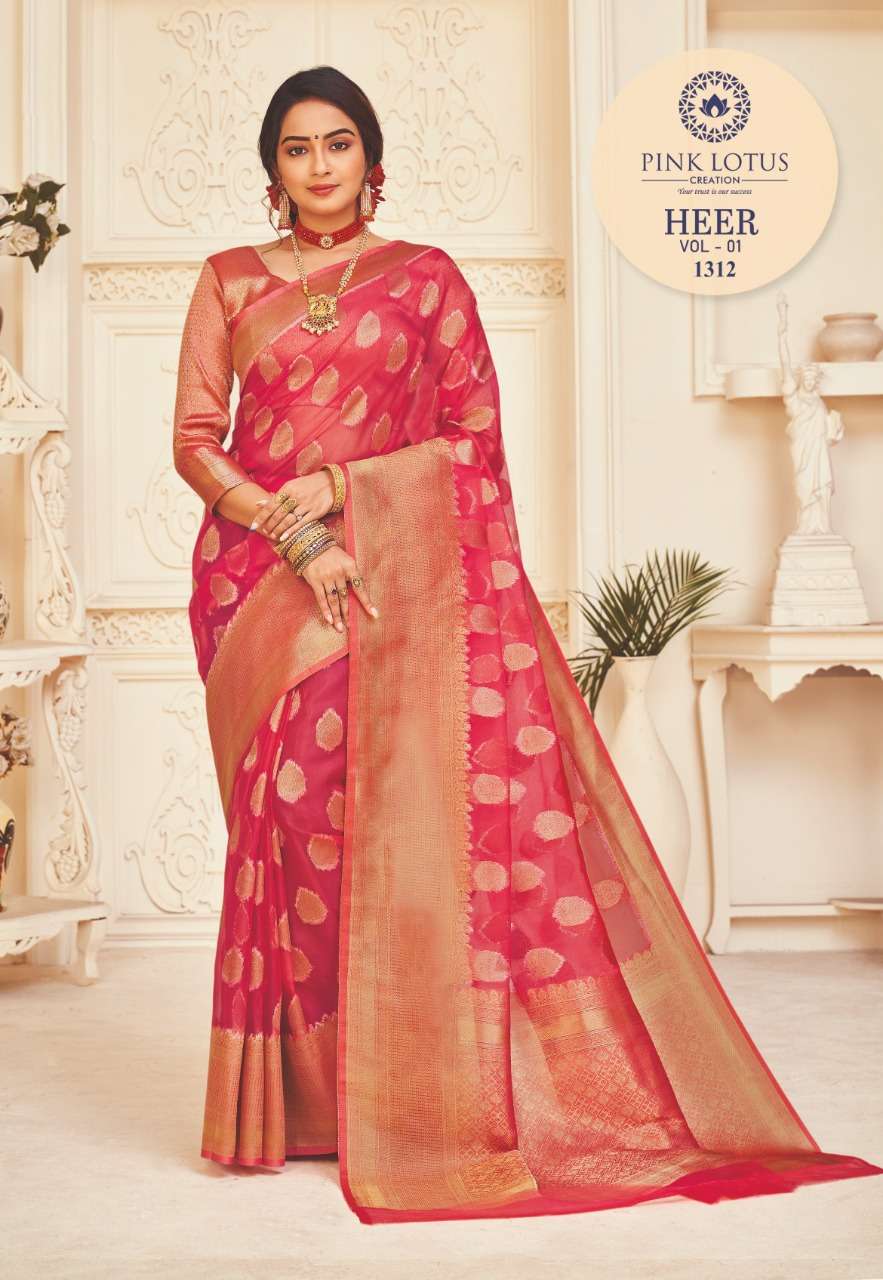 HEER BY PINK LOTUS 1301 TO 1313 SERIES INDIAN TRADITIONAL WEAR COLLECTION BEAUTIFUL STYLISH FANCY COLORFUL PARTY WEAR & OCCASIONAL WEAR ORGANZA SILK SAREES AT WHOLESALE PRICE