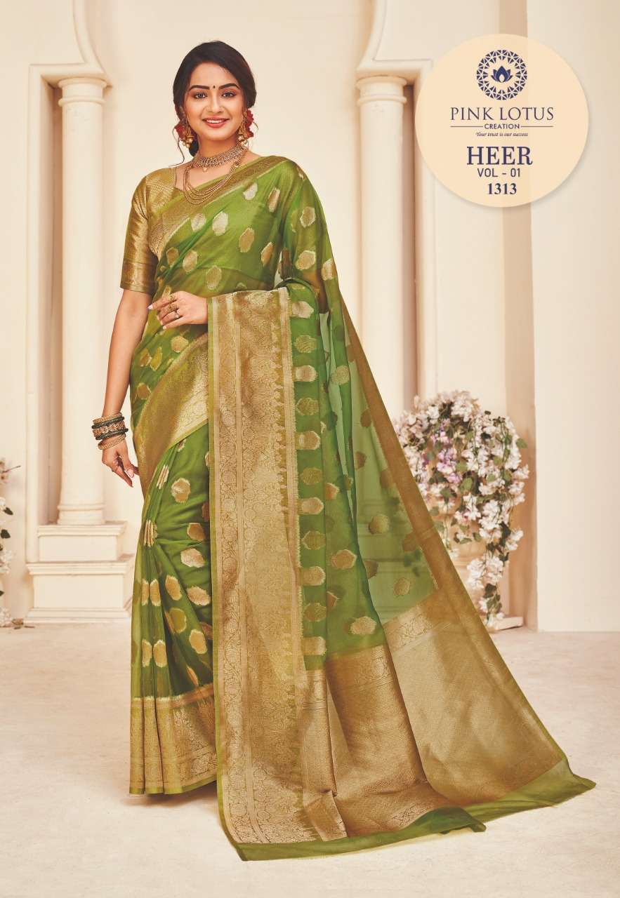 HEER BY PINK LOTUS 1301 TO 1313 SERIES INDIAN TRADITIONAL WEAR COLLECTION BEAUTIFUL STYLISH FANCY COLORFUL PARTY WEAR & OCCASIONAL WEAR ORGANZA SILK SAREES AT WHOLESALE PRICE