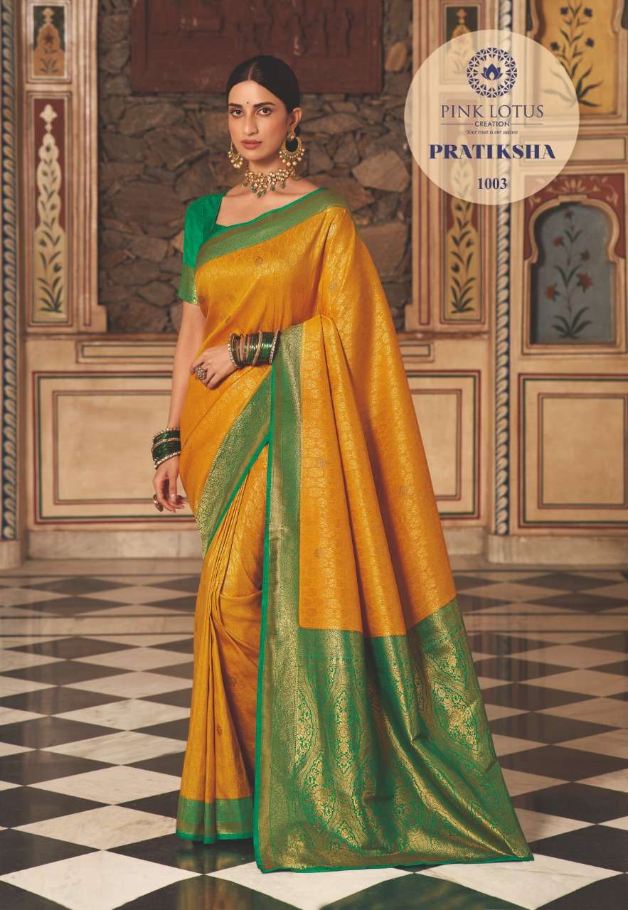 PRATIKSHA BY PINK LOTUS 1001 TO 1013 SERIES INDIAN TRADITIONAL WEAR COLLECTION BEAUTIFUL STYLISH FANCY COLORFUL PARTY WEAR & OCCASIONAL WEAR KANJIVARAM SILK SAREES AT WHOLESALE PRICE