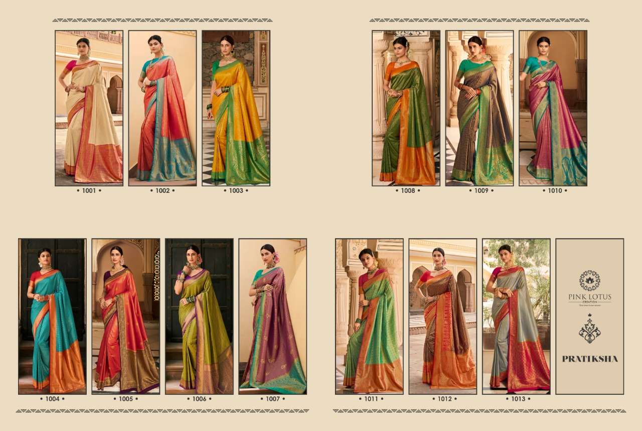 PRATIKSHA BY PINK LOTUS 1001 TO 1013 SERIES INDIAN TRADITIONAL WEAR COLLECTION BEAUTIFUL STYLISH FANCY COLORFUL PARTY WEAR & OCCASIONAL WEAR KANJIVARAM SILK SAREES AT WHOLESALE PRICE