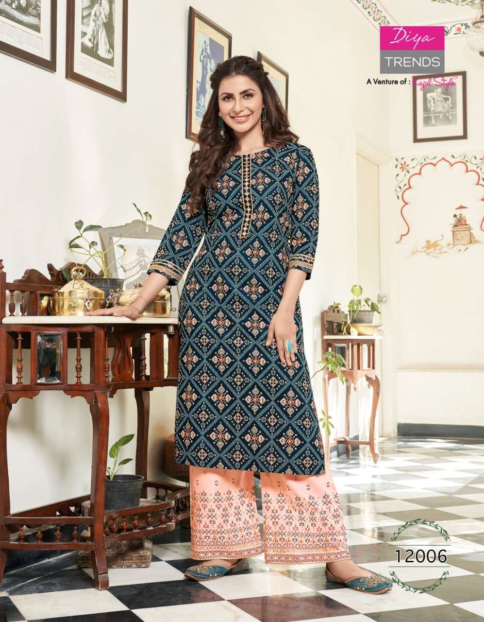BIBA VOL-12 BY DIYA TRENDS 12001 TO 12014 SERIES BEAUTIFUL COLORFUL STYLISH FANCY CASUAL WEAR & ETHNIC WEAR & READY TO WEAR RAYON PRINT KURTIS WITH BOTTOM AT WHOLESALE PRICE