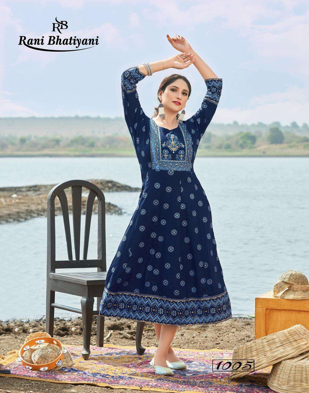 KHUBSOORAT VOL-1 BY RANI BHATIYANI 1001 TO 1008 SERIES DESIGNER STYLISH FANCY COLORFUL BEAUTIFUL PARTY WEAR & ETHNIC WEAR COLLECTION RAYON PRINT KURTIS AT WHOLESALE PRICE