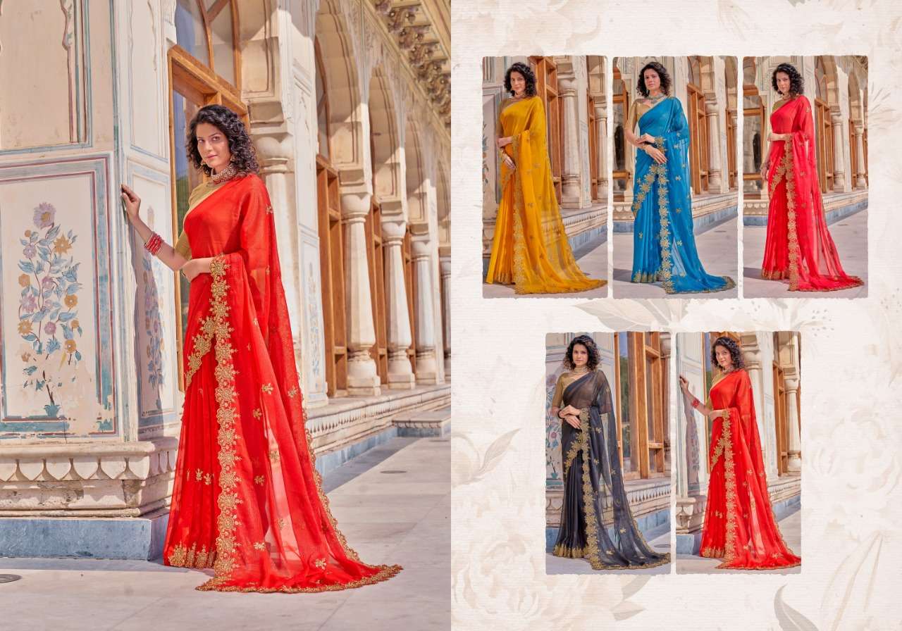 CHAKRA SHIMMER BY YADU NANDAN FASHION 01 TO 05 SERIES INDIAN TRADITIONAL WEAR COLLECTION BEAUTIFUL STYLISH FANCY COLORFUL PARTY WEAR & OCCASIONAL WEAR CHIFFON SAREES AT WHOLESALE PRICE
