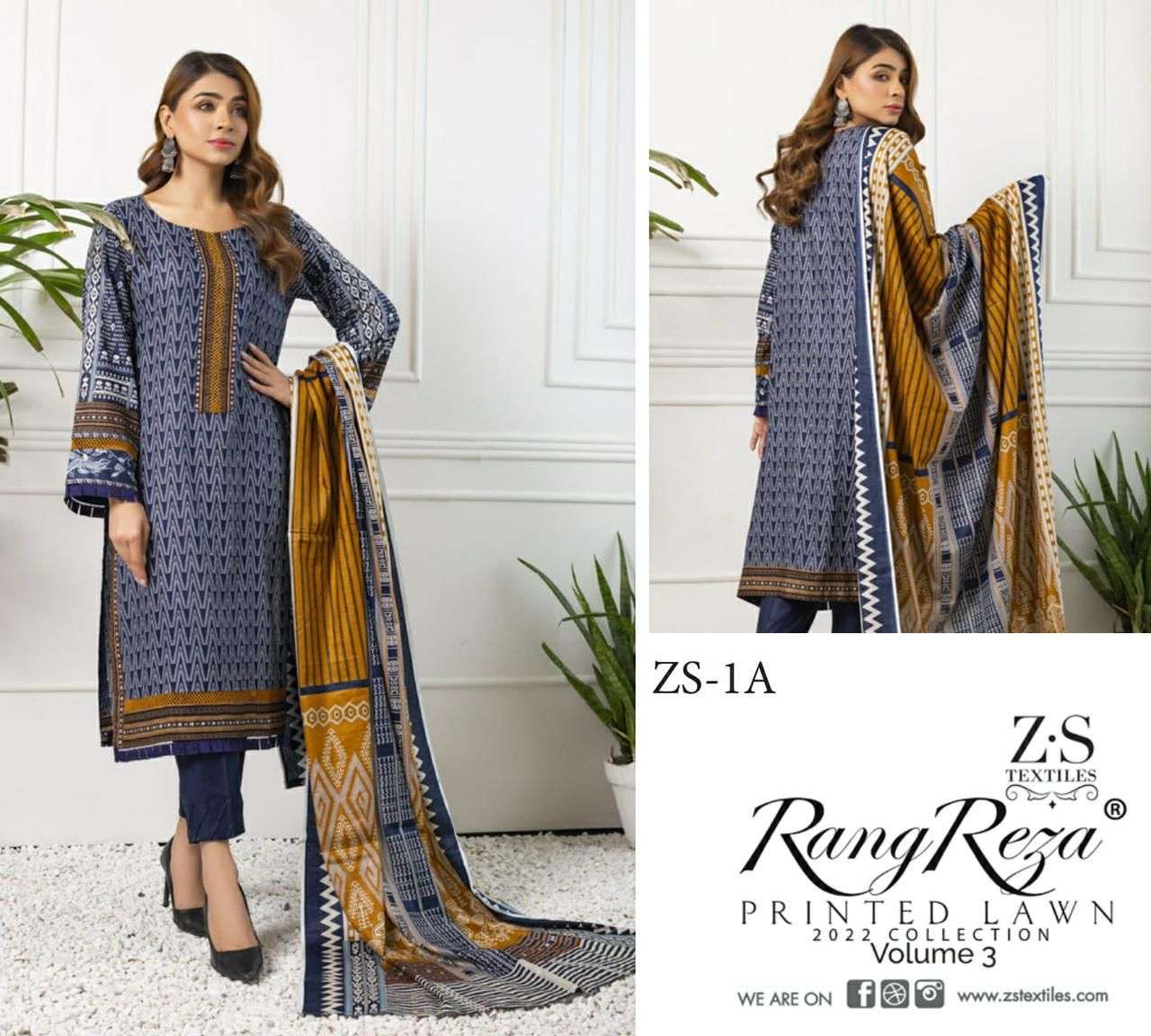 RANG REZA VOL-3 BY ZS TEXTILES 1-A TO 5-B SERIES INDIAN TRADITIONAL WEAR COLLECTION BEAUTIFUL STYLISH FANCY COLORFUL PARTY WEAR & OCCASIONAL WEAR PURE COTTON PRINT DRESSES AT WHOLESALE PRICE