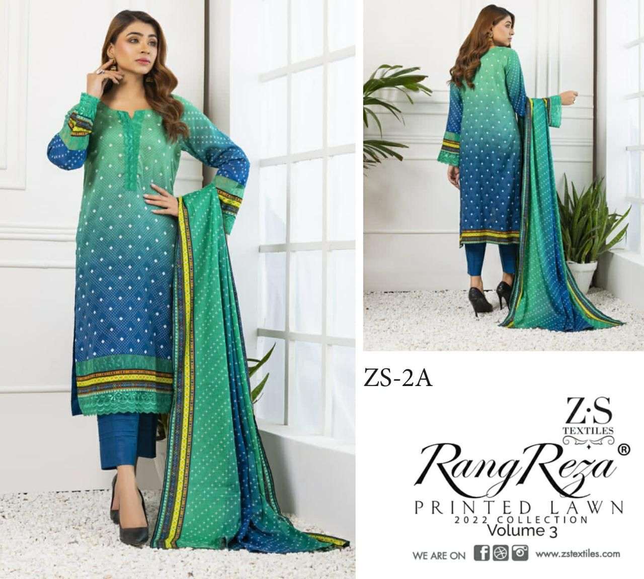 RANG REZA VOL-3 BY ZS TEXTILES 1-A TO 5-B SERIES INDIAN TRADITIONAL WEAR COLLECTION BEAUTIFUL STYLISH FANCY COLORFUL PARTY WEAR & OCCASIONAL WEAR PURE COTTON PRINT DRESSES AT WHOLESALE PRICE