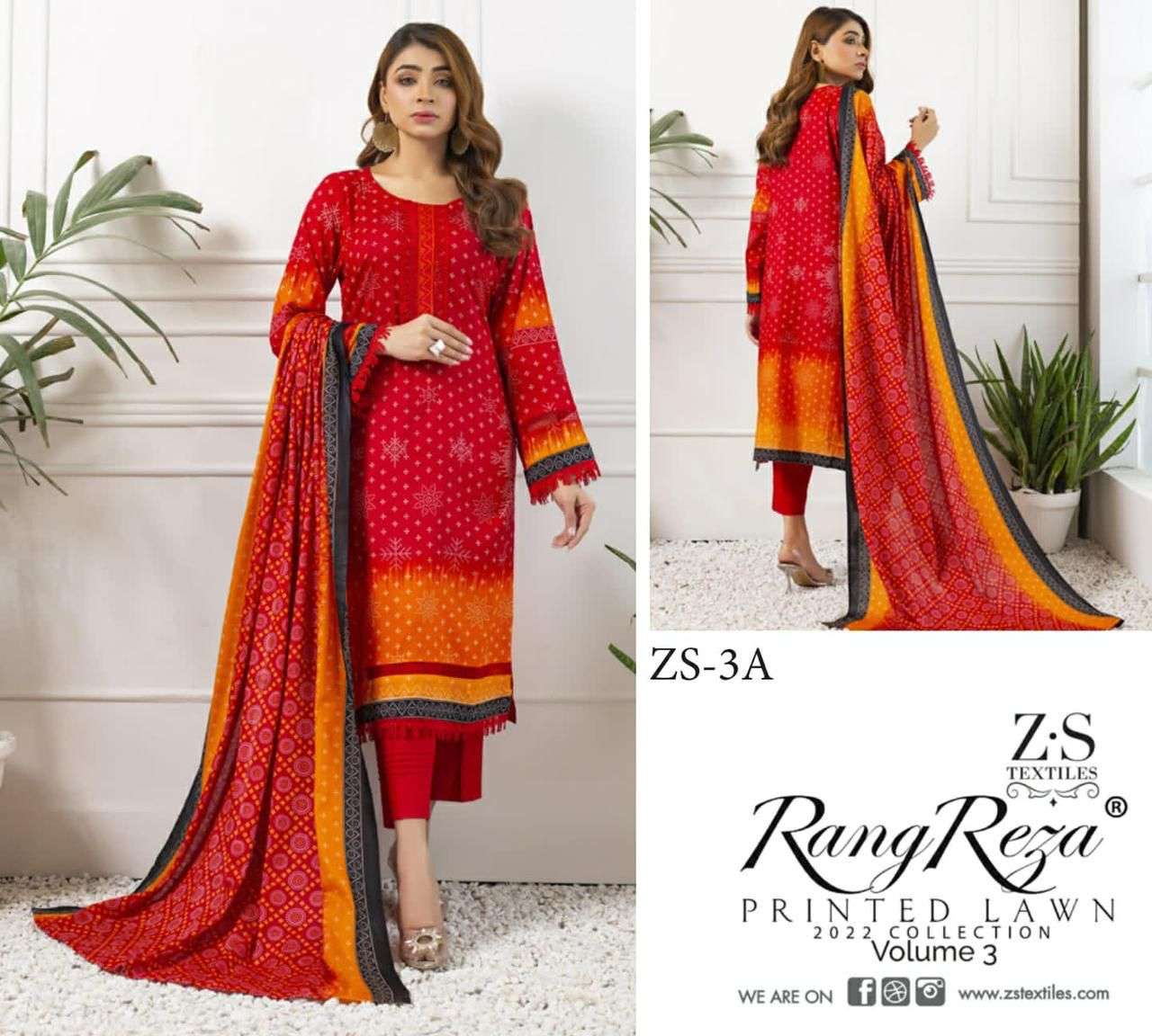 RANG REZA VOL-3 BY ZS TEXTILES 1-A TO 5-B SERIES INDIAN TRADITIONAL WEAR COLLECTION BEAUTIFUL STYLISH FANCY COLORFUL PARTY WEAR & OCCASIONAL WEAR PURE COTTON PRINT DRESSES AT WHOLESALE PRICE