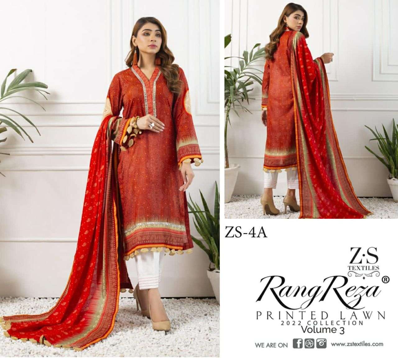 RANG REZA VOL-3 BY ZS TEXTILES 1-A TO 5-B SERIES INDIAN TRADITIONAL WEAR COLLECTION BEAUTIFUL STYLISH FANCY COLORFUL PARTY WEAR & OCCASIONAL WEAR PURE COTTON PRINT DRESSES AT WHOLESALE PRICE