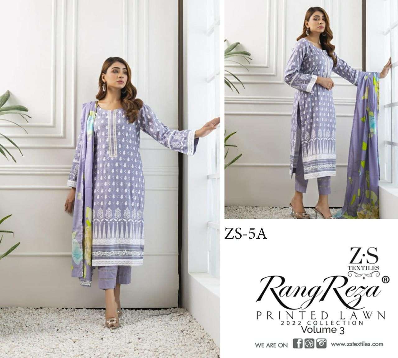 RANG REZA VOL-3 BY ZS TEXTILES 1-A TO 5-B SERIES INDIAN TRADITIONAL WEAR COLLECTION BEAUTIFUL STYLISH FANCY COLORFUL PARTY WEAR & OCCASIONAL WEAR PURE COTTON PRINT DRESSES AT WHOLESALE PRICE
