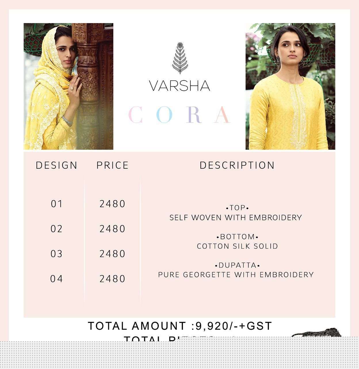 CORA BY VARSHA 01 TO 04 SERIES BEAUTIFUL SUITS COLORFUL STYLISH FANCY CASUAL WEAR & ETHNIC WEAR WOVEN EMBROIDERED DRESSES AT WHOLESALE PRICE
