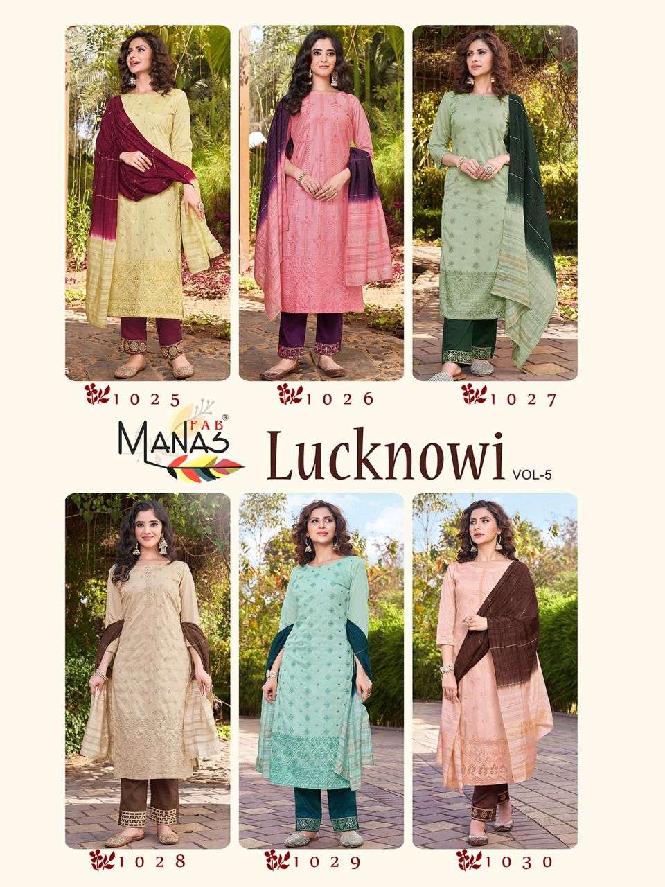 LUCKNOWI VOL-5 BY MANAS FAB 1025 TO 1030 SERIES BEAUTIFUL SUITS COLORFUL STYLISH FANCY CASUAL WEAR & ETHNIC WEAR FANCY DRESSES AT WHOLESALE PRICE