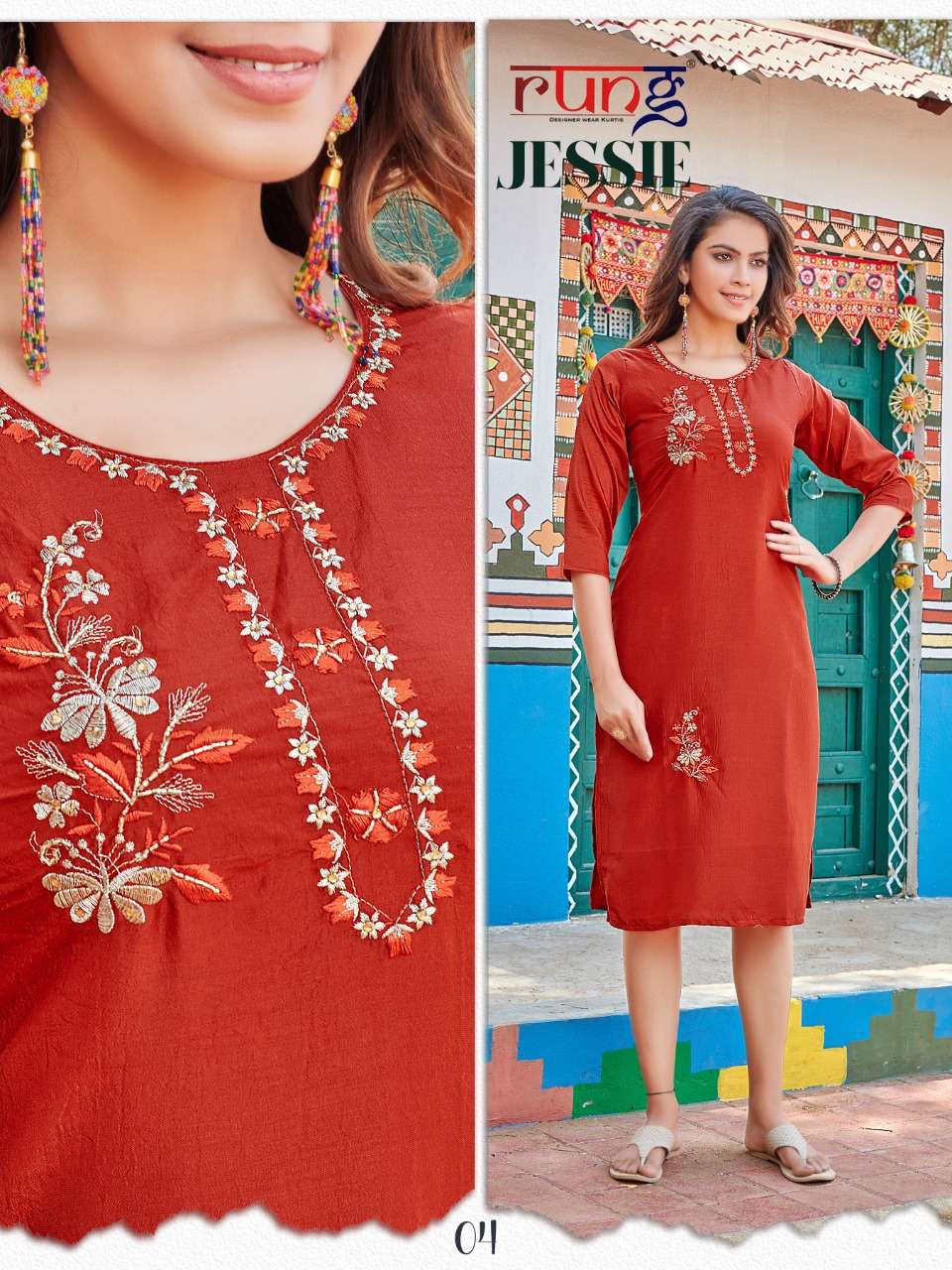 JESSIE BY RUNG 01 TO 08 SERIES DESIGNER STYLISH FANCY COLORFUL BEAUTIFUL PARTY WEAR & ETHNIC WEAR COLLECTION CHINNON SILK KURTIS AT WHOLESALE PRICE