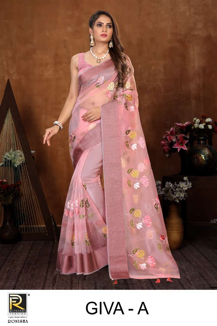 GIVA BY RONISHA FASHION A TO E SERIES INDIAN TRADITIONAL WEAR COLLECTION BEAUTIFUL STYLISH FANCY COLORFUL PARTY WEAR & OCCASIONAL WEAR ORGANZA SAREES AT WHOLESALE PRICE