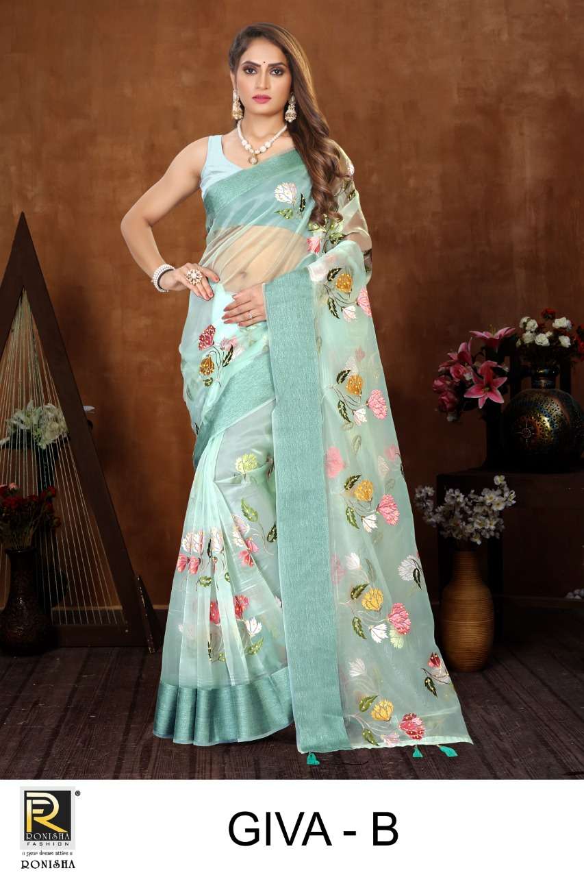 GIVA BY RONISHA FASHION A TO E SERIES INDIAN TRADITIONAL WEAR COLLECTION BEAUTIFUL STYLISH FANCY COLORFUL PARTY WEAR & OCCASIONAL WEAR ORGANZA SAREES AT WHOLESALE PRICE