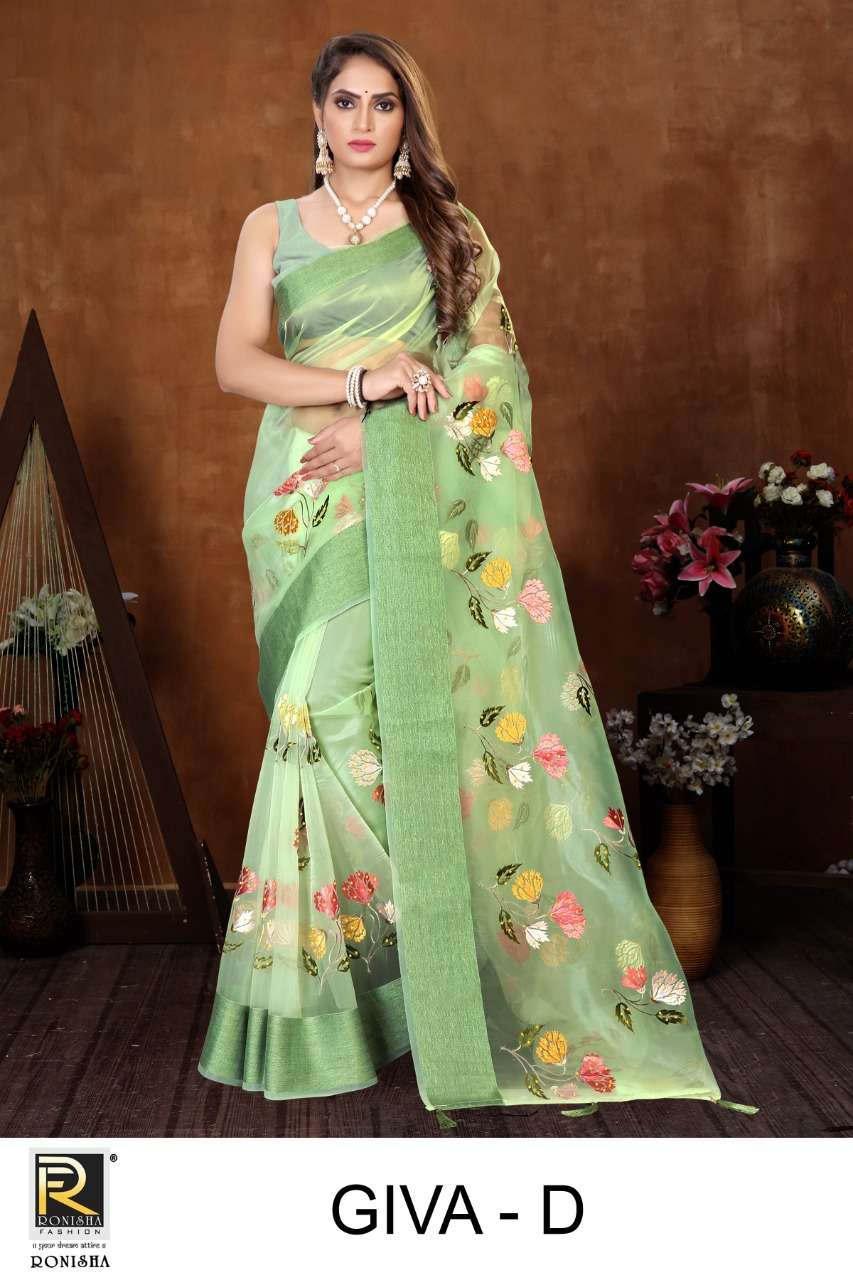 GIVA BY RONISHA FASHION A TO E SERIES INDIAN TRADITIONAL WEAR COLLECTION BEAUTIFUL STYLISH FANCY COLORFUL PARTY WEAR & OCCASIONAL WEAR ORGANZA SAREES AT WHOLESALE PRICE