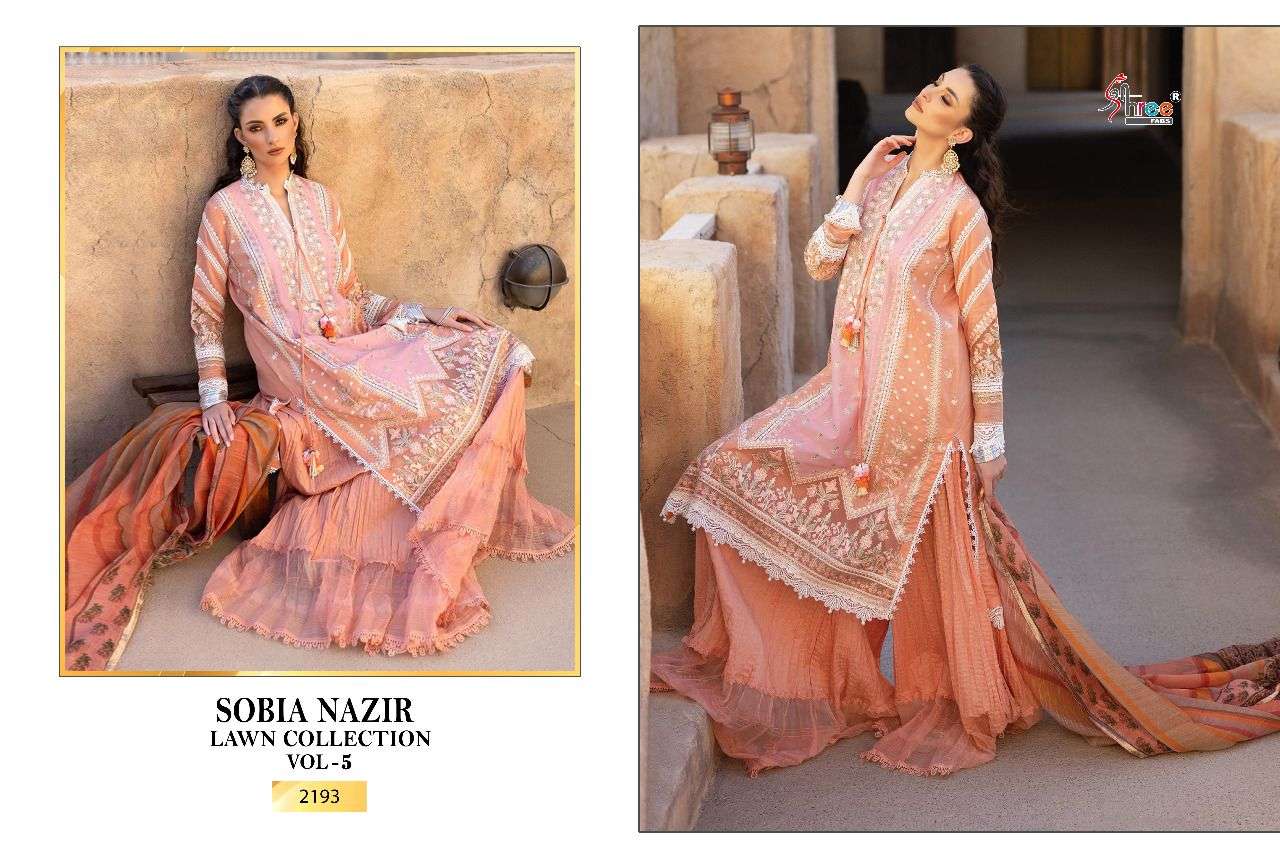 SOBIA NAZIR LAWN COLLECTION VOL-5 BY SHREE FABS 2191 TO 2195 SERIES PAKISTANI SUITS BEAUTIFUL FANCY COLORFUL STYLISH PARTY WEAR & OCCASIONAL WEAR PURE COTTON LAWN EMBROIDERED DRESSES AT WHOLESALE PRICE
