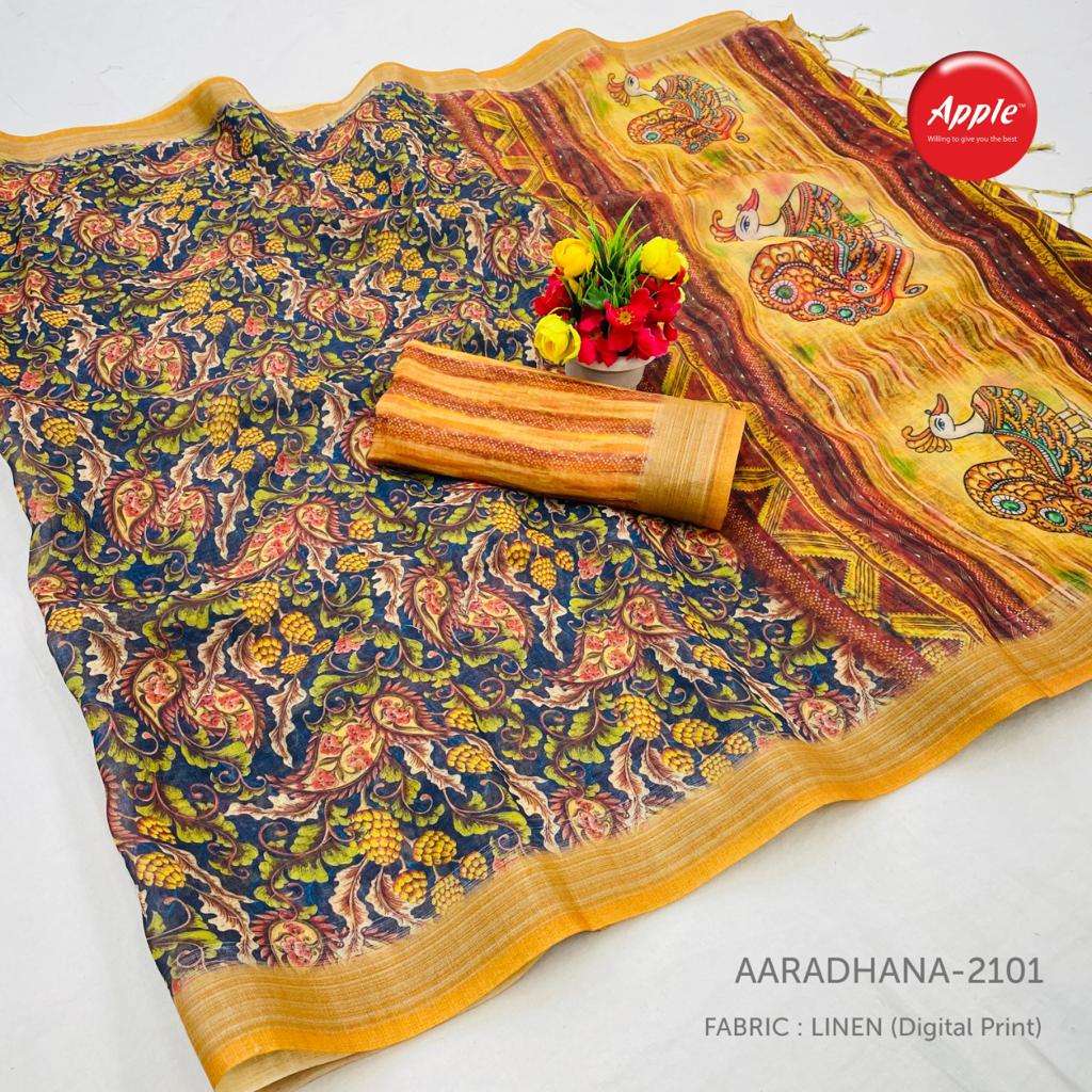 AARADHANA VOL-21 BY APPLE 2101 TO 2112 SERIES INDIAN TRADITIONAL WEAR COLLECTION BEAUTIFUL STYLISH FANCY COLORFUL PARTY WEAR & OCCASIONAL WEAR PURE LINEN SILK DIGITAL PRINT SAREES AT WHOLESALE PRICE