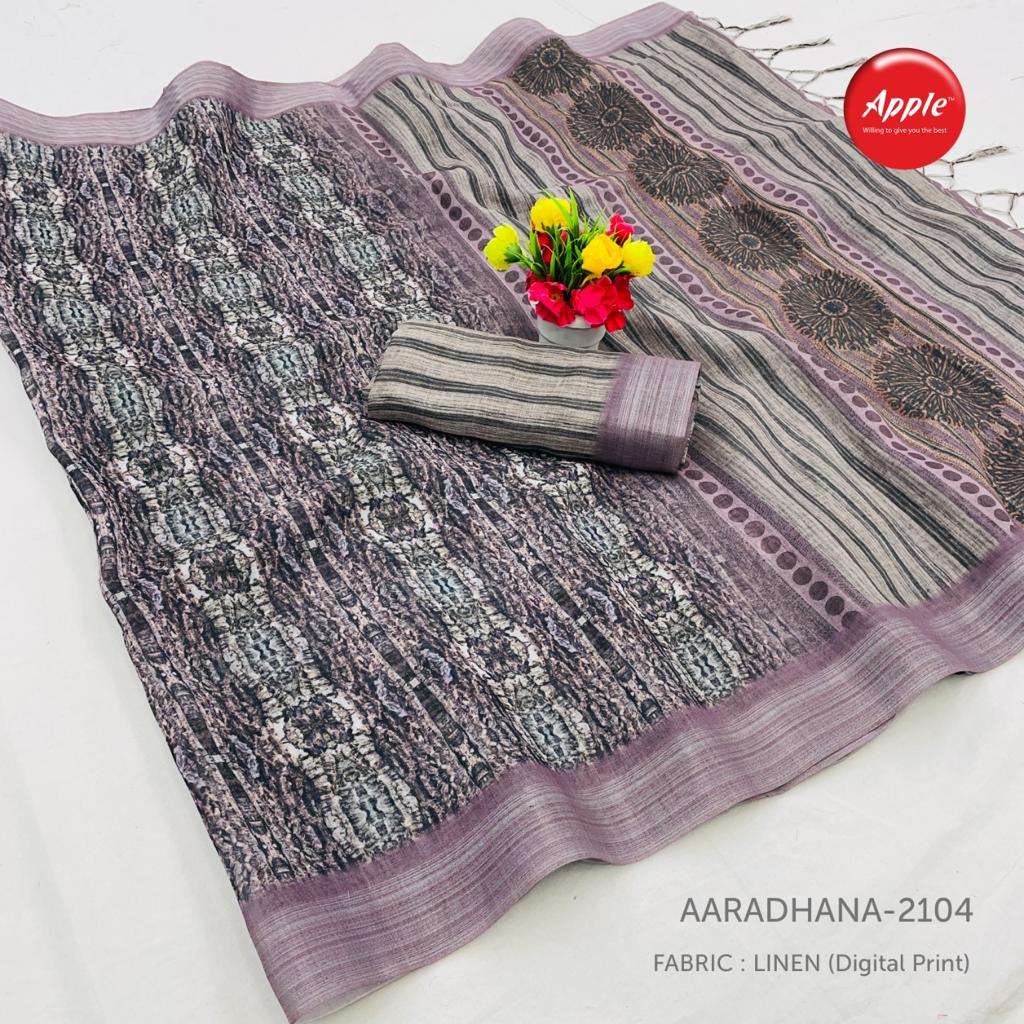 AARADHANA VOL-21 BY APPLE 2101 TO 2112 SERIES INDIAN TRADITIONAL WEAR COLLECTION BEAUTIFUL STYLISH FANCY COLORFUL PARTY WEAR & OCCASIONAL WEAR PURE LINEN SILK DIGITAL PRINT SAREES AT WHOLESALE PRICE