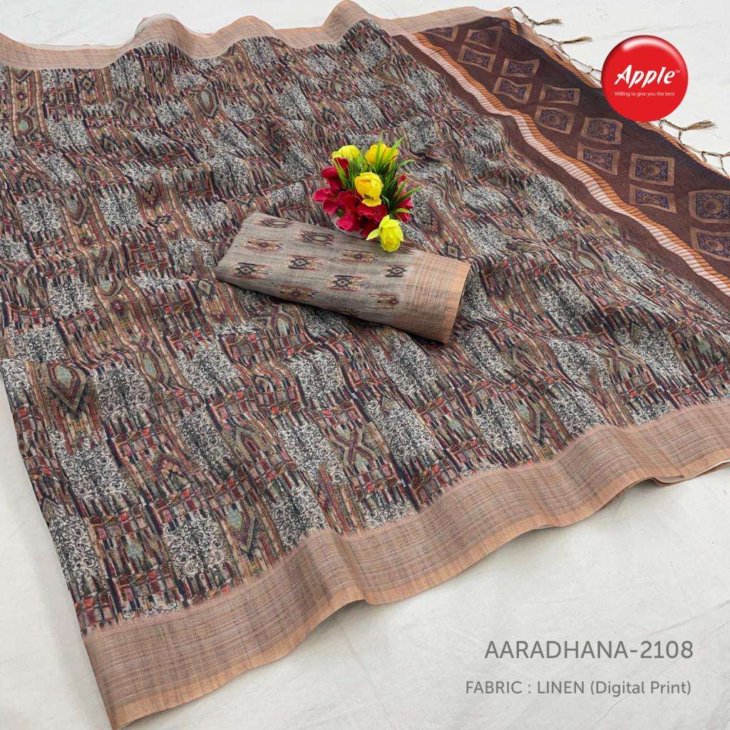 AARADHANA VOL-21 BY APPLE 2101 TO 2112 SERIES INDIAN TRADITIONAL WEAR COLLECTION BEAUTIFUL STYLISH FANCY COLORFUL PARTY WEAR & OCCASIONAL WEAR PURE LINEN SILK DIGITAL PRINT SAREES AT WHOLESALE PRICE