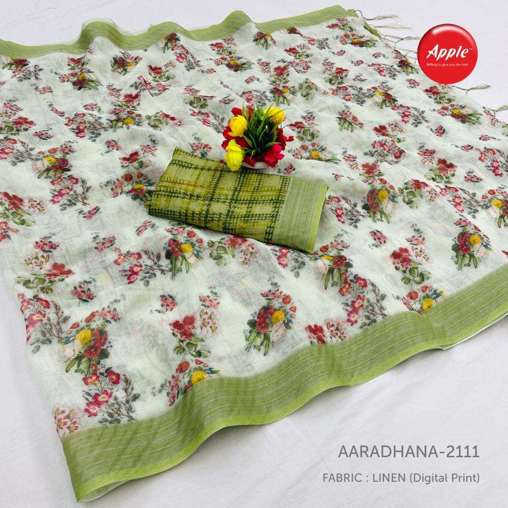 AARADHANA VOL-21 BY APPLE 2101 TO 2112 SERIES INDIAN TRADITIONAL WEAR COLLECTION BEAUTIFUL STYLISH FANCY COLORFUL PARTY WEAR & OCCASIONAL WEAR PURE LINEN SILK DIGITAL PRINT SAREES AT WHOLESALE PRICE