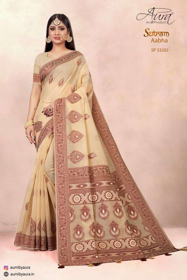 SUTRAM AABHA BY AURA 33201 TO 33206 SERIES INDIAN TRADITIONAL WEAR COLLECTION BEAUTIFUL STYLISH FANCY COLORFUL PARTY WEAR & OCCASIONAL WEAR SOFT COTTON SAREES AT WHOLESALE PRICE