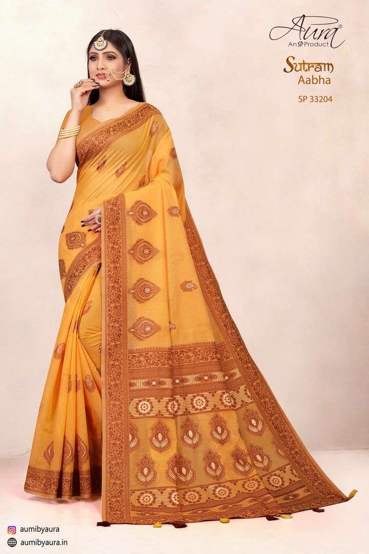 SUTRAM AABHA BY AURA 33201 TO 33206 SERIES INDIAN TRADITIONAL WEAR COLLECTION BEAUTIFUL STYLISH FANCY COLORFUL PARTY WEAR & OCCASIONAL WEAR SOFT COTTON SAREES AT WHOLESALE PRICE