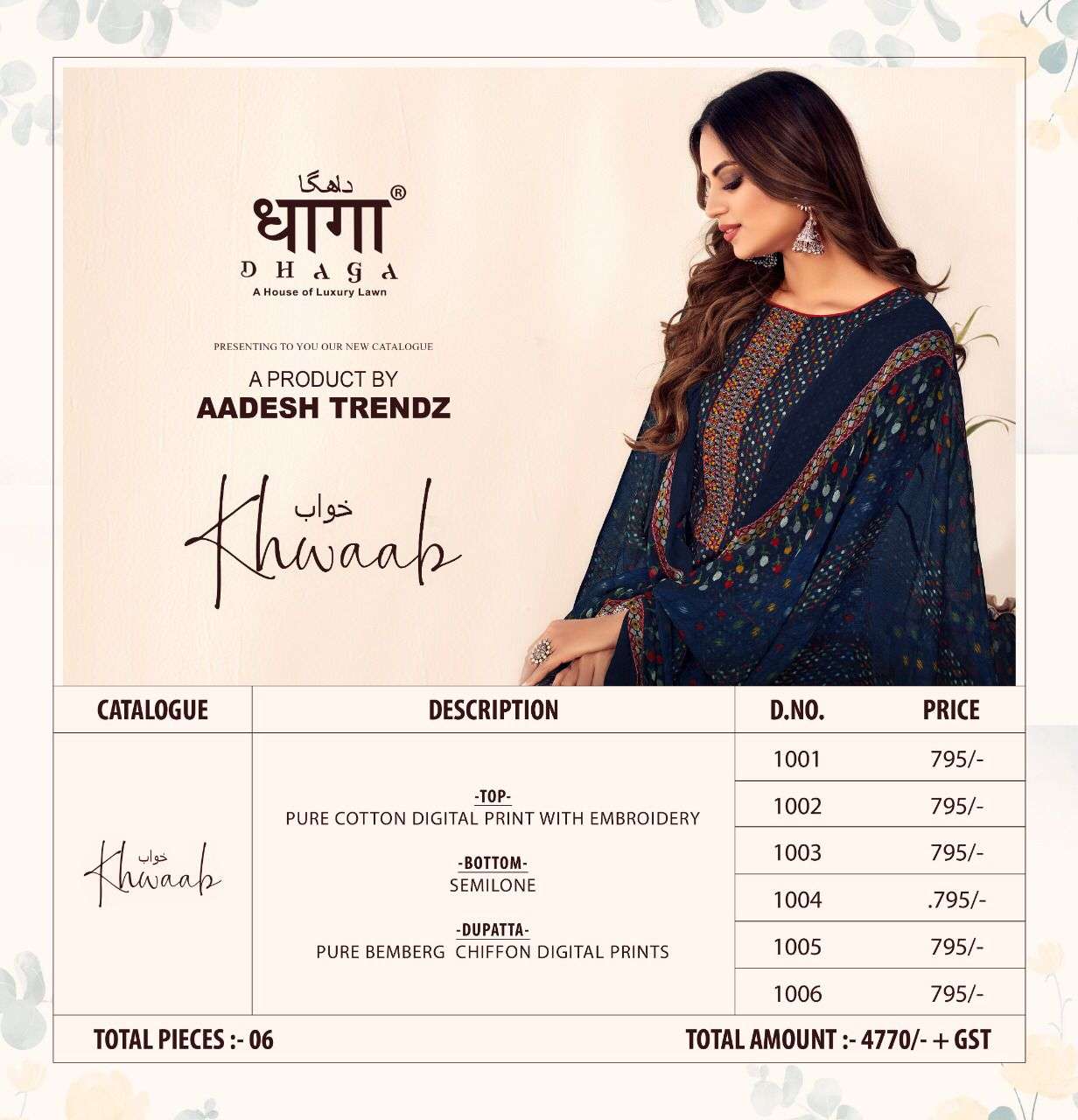 KHWAAB BY DHAGA 1001 TO 1006 SERIES BEAUTIFUL SUITS COLORFUL STYLISH FANCY CASUAL WEAR & ETHNIC WEAR PURE COTTON DIGITAL PRINT DRESSES AT WHOLESALE PRICE