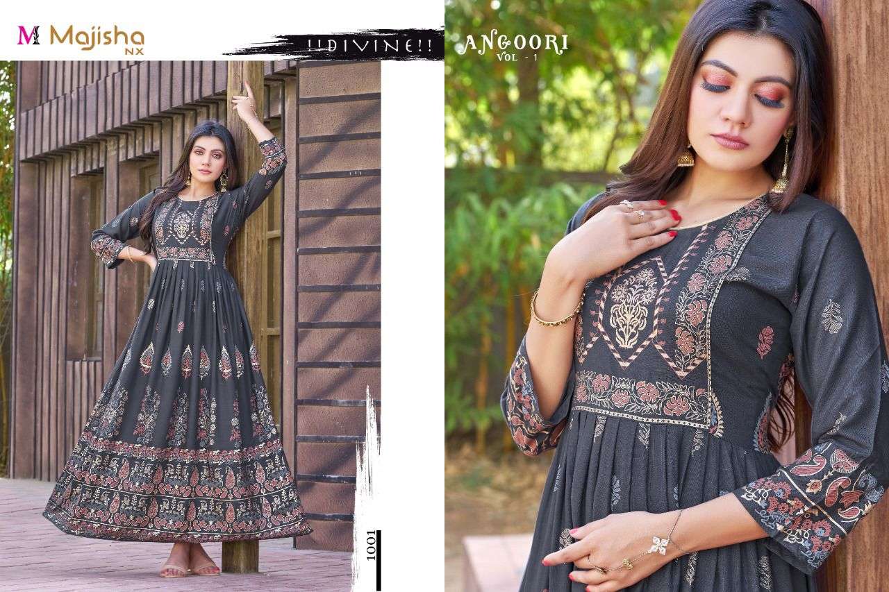 ANGOORI BY MAJISHA NX 1001 TO 1008 SERIES BEAUTIFUL STYLISH FANCY COLORFUL CASUAL WEAR & ETHNIC WEAR RAYON SLUB GOWNS AT WHOLESALE PRICE