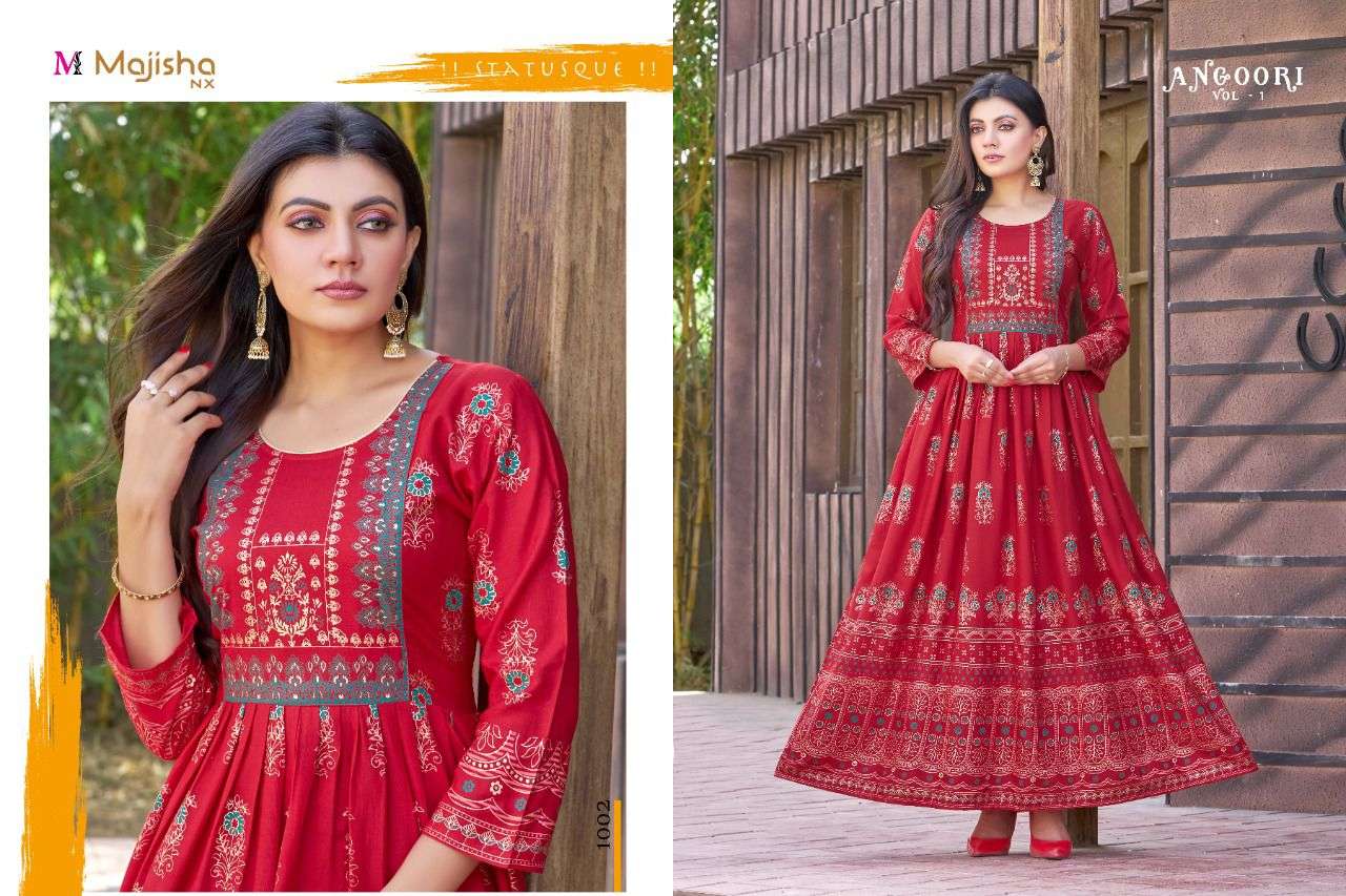 ANGOORI BY MAJISHA NX 1001 TO 1008 SERIES BEAUTIFUL STYLISH FANCY COLORFUL CASUAL WEAR & ETHNIC WEAR RAYON SLUB GOWNS AT WHOLESALE PRICE