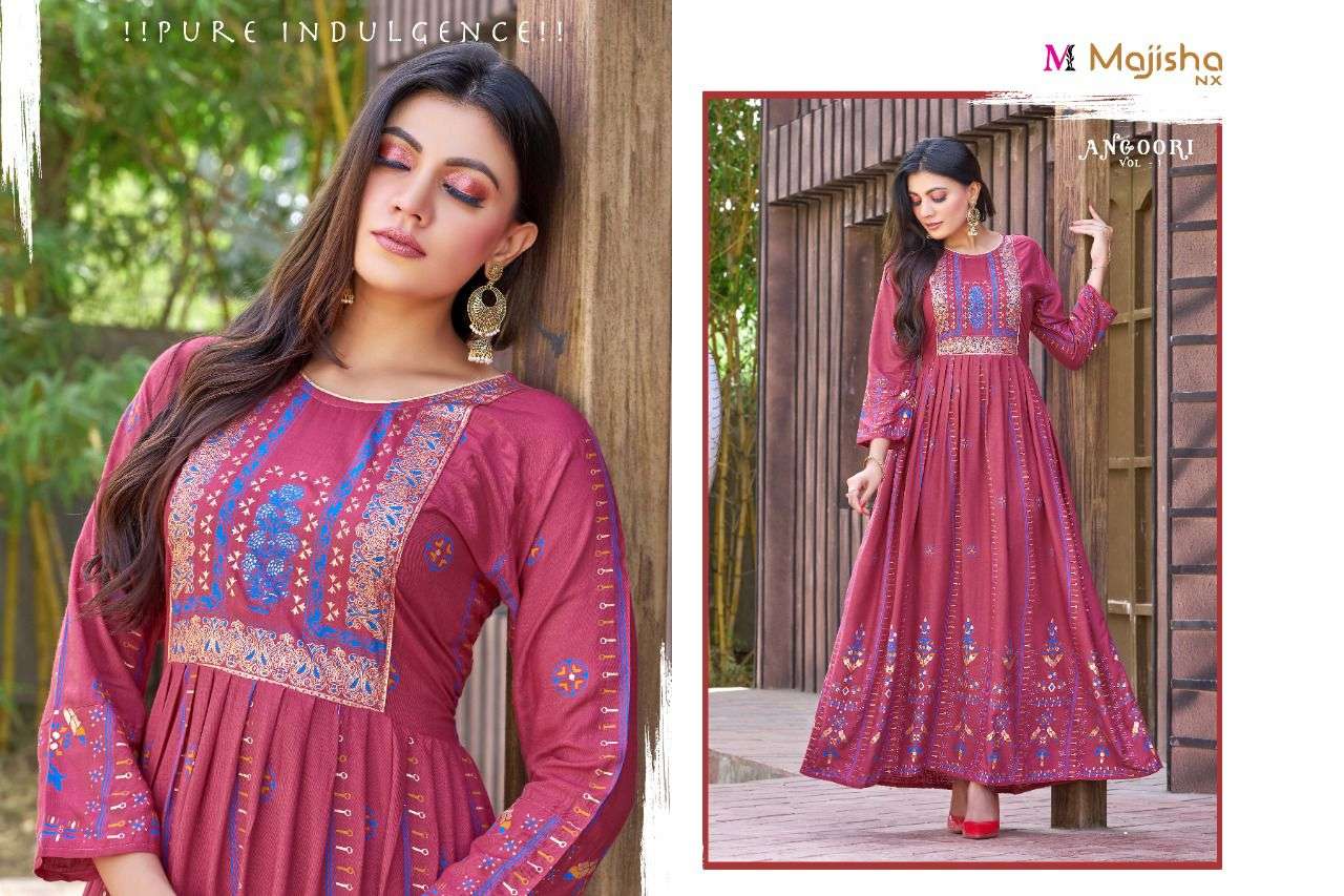 ANGOORI BY MAJISHA NX 1001 TO 1008 SERIES BEAUTIFUL STYLISH FANCY COLORFUL CASUAL WEAR & ETHNIC WEAR RAYON SLUB GOWNS AT WHOLESALE PRICE