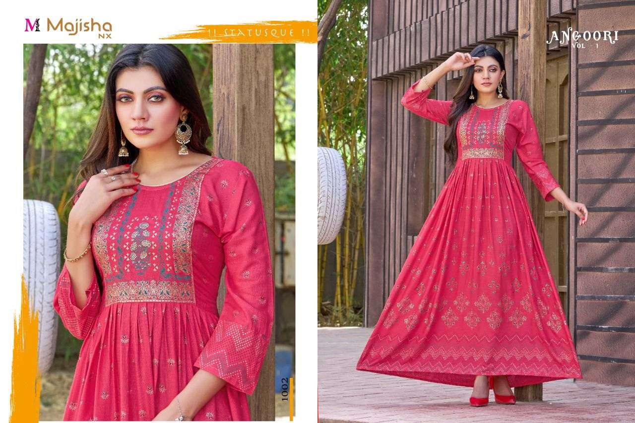 ANGOORI BY MAJISHA NX 1001 TO 1008 SERIES BEAUTIFUL STYLISH FANCY COLORFUL CASUAL WEAR & ETHNIC WEAR RAYON SLUB GOWNS AT WHOLESALE PRICE