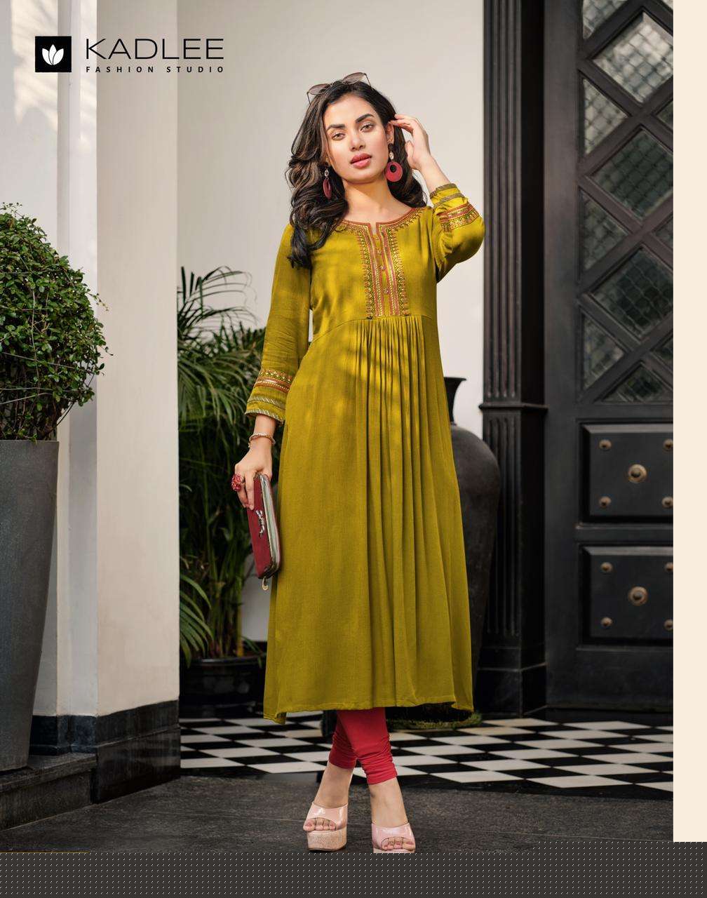 CINDERELLA BY KADLEE 1001 TO 1006 SERIES DESIGNER STYLISH FANCY COLORFUL BEAUTIFUL PARTY WEAR & ETHNIC WEAR COLLECTION RAYON EMBROIDERED KURTIS AT WHOLESALE PRICE