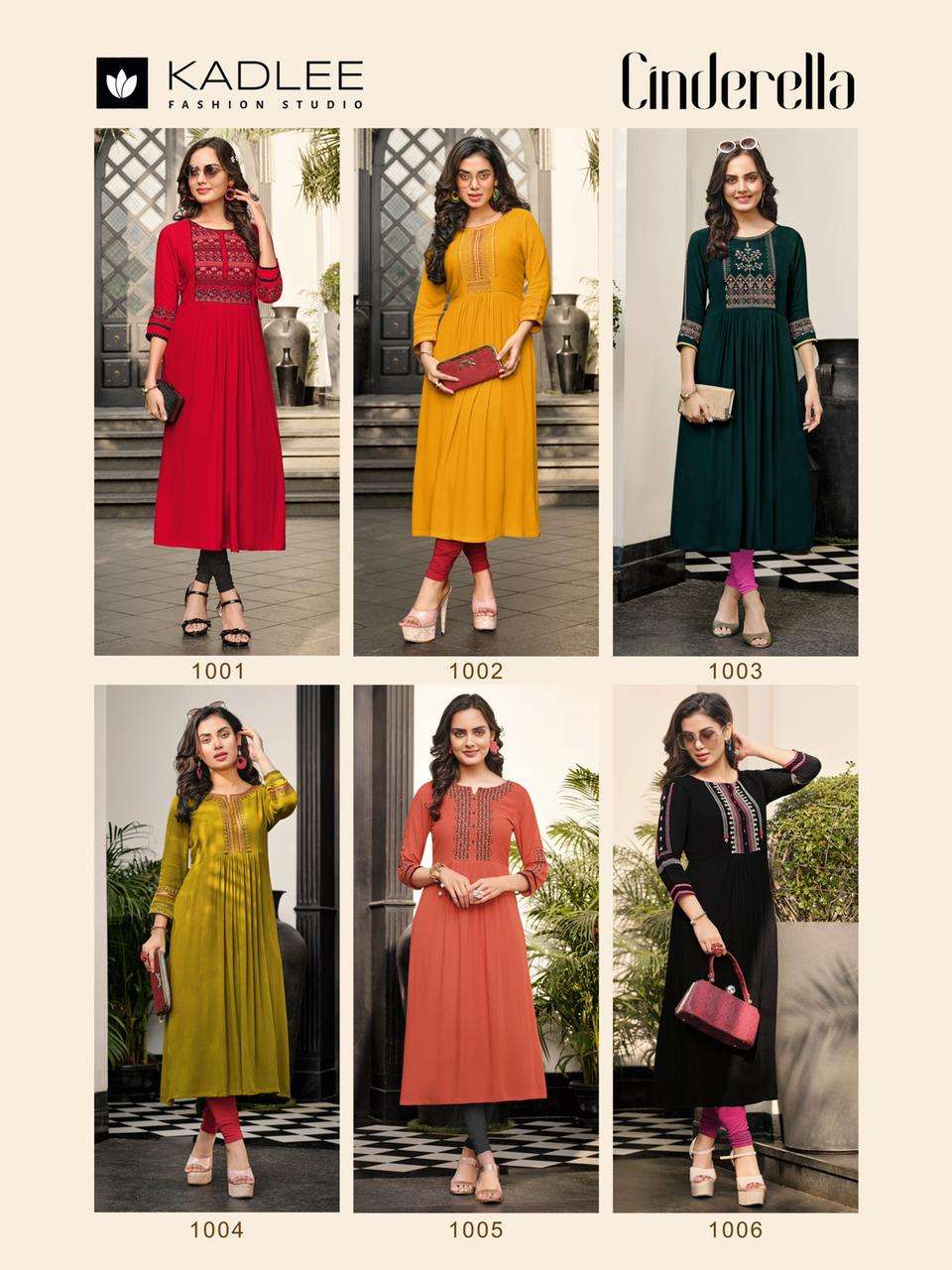 CINDERELLA BY KADLEE 1001 TO 1006 SERIES DESIGNER STYLISH FANCY COLORFUL BEAUTIFUL PARTY WEAR & ETHNIC WEAR COLLECTION RAYON EMBROIDERED KURTIS AT WHOLESALE PRICE