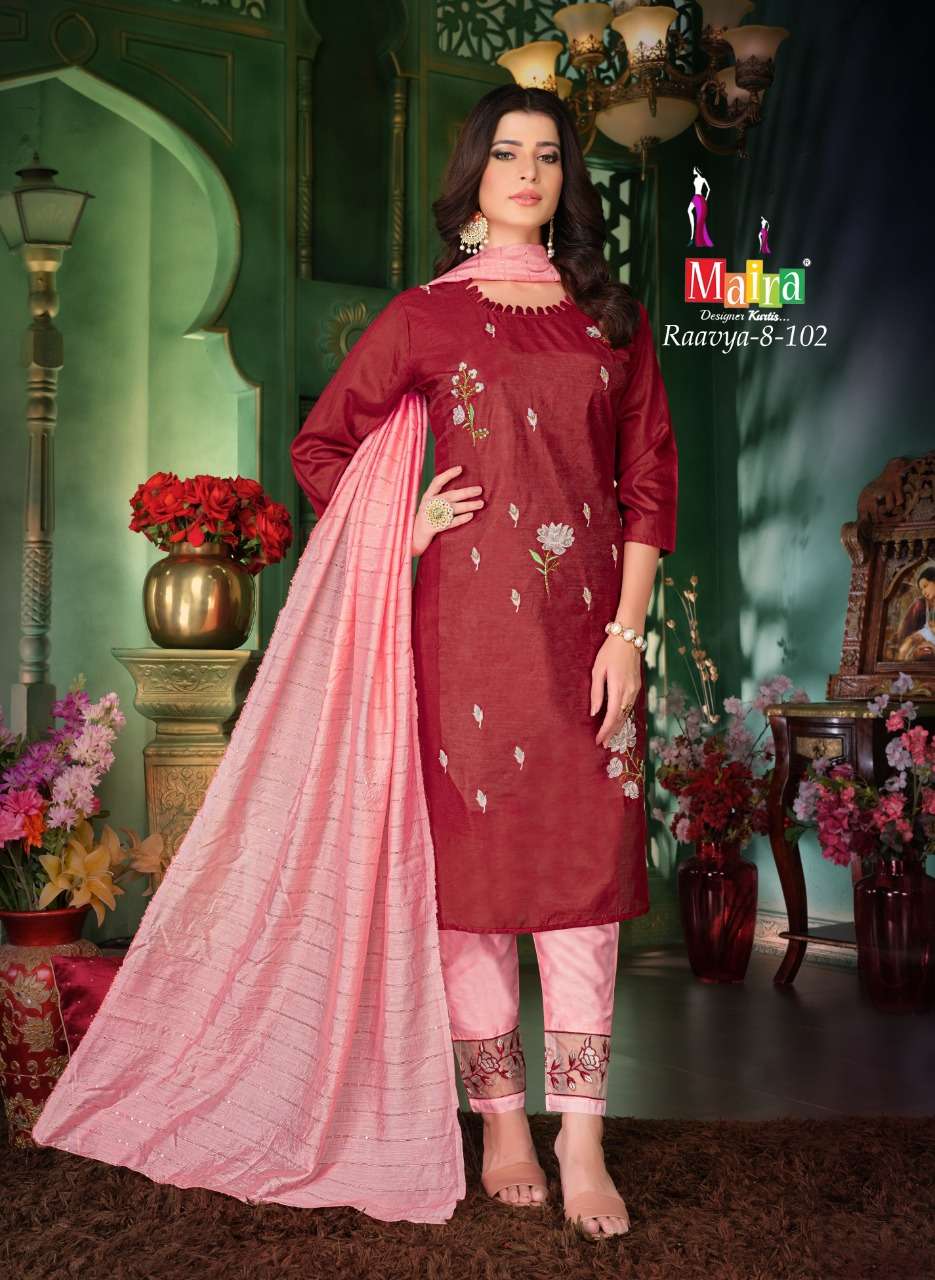 RAAVYA VOL-8 BY MAIRA 101 TO 108 SERIES BEAUTIFUL SUITS COLORFUL STYLISH FANCY CASUAL WEAR & ETHNIC WEAR HEAVY SILK DRESSES AT WHOLESALE PRICE