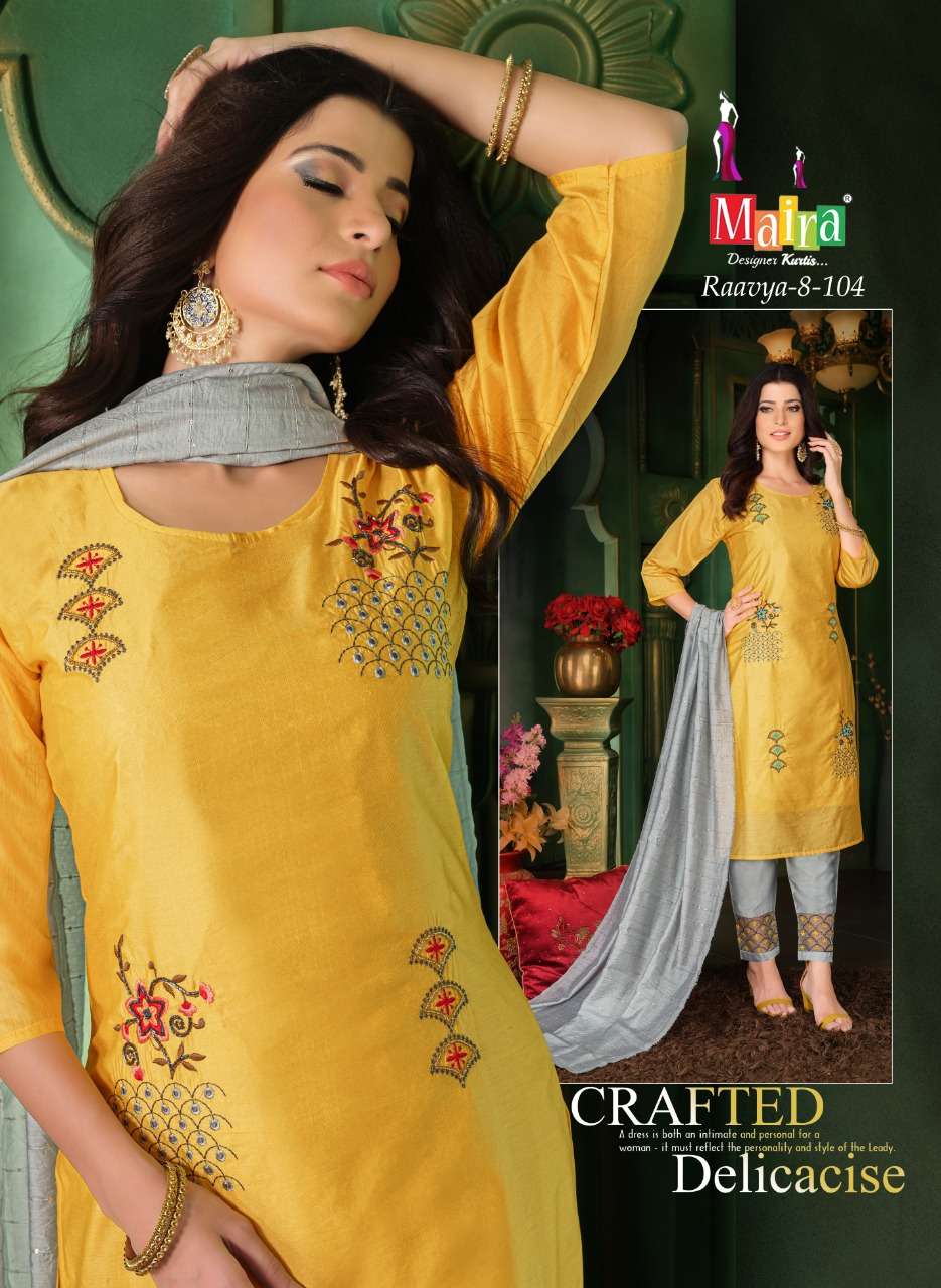 RAAVYA VOL-8 BY MAIRA 101 TO 108 SERIES BEAUTIFUL SUITS COLORFUL STYLISH FANCY CASUAL WEAR & ETHNIC WEAR HEAVY SILK DRESSES AT WHOLESALE PRICE