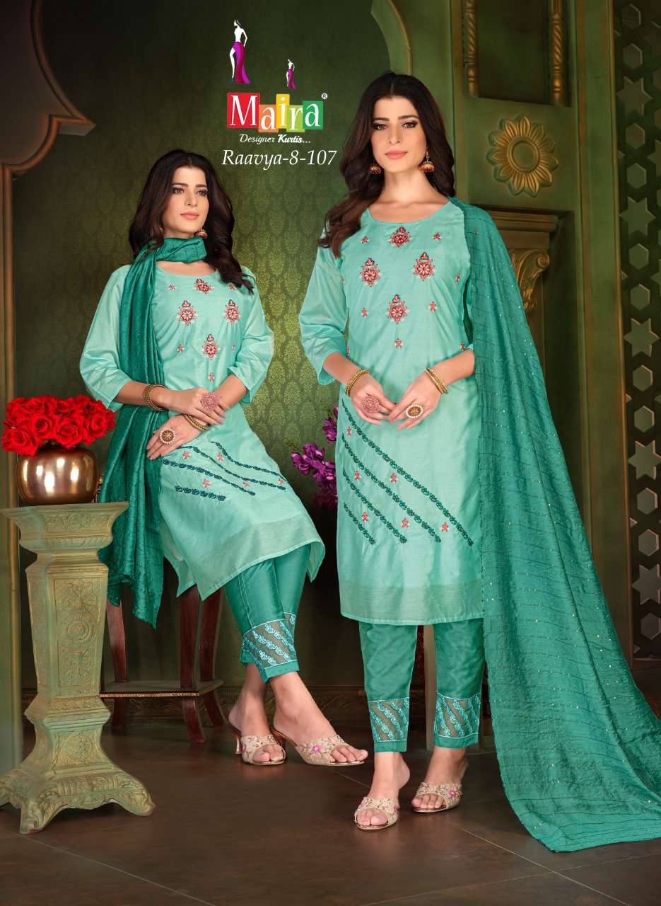 RAAVYA VOL-8 BY MAIRA 101 TO 108 SERIES BEAUTIFUL SUITS COLORFUL STYLISH FANCY CASUAL WEAR & ETHNIC WEAR HEAVY SILK DRESSES AT WHOLESALE PRICE