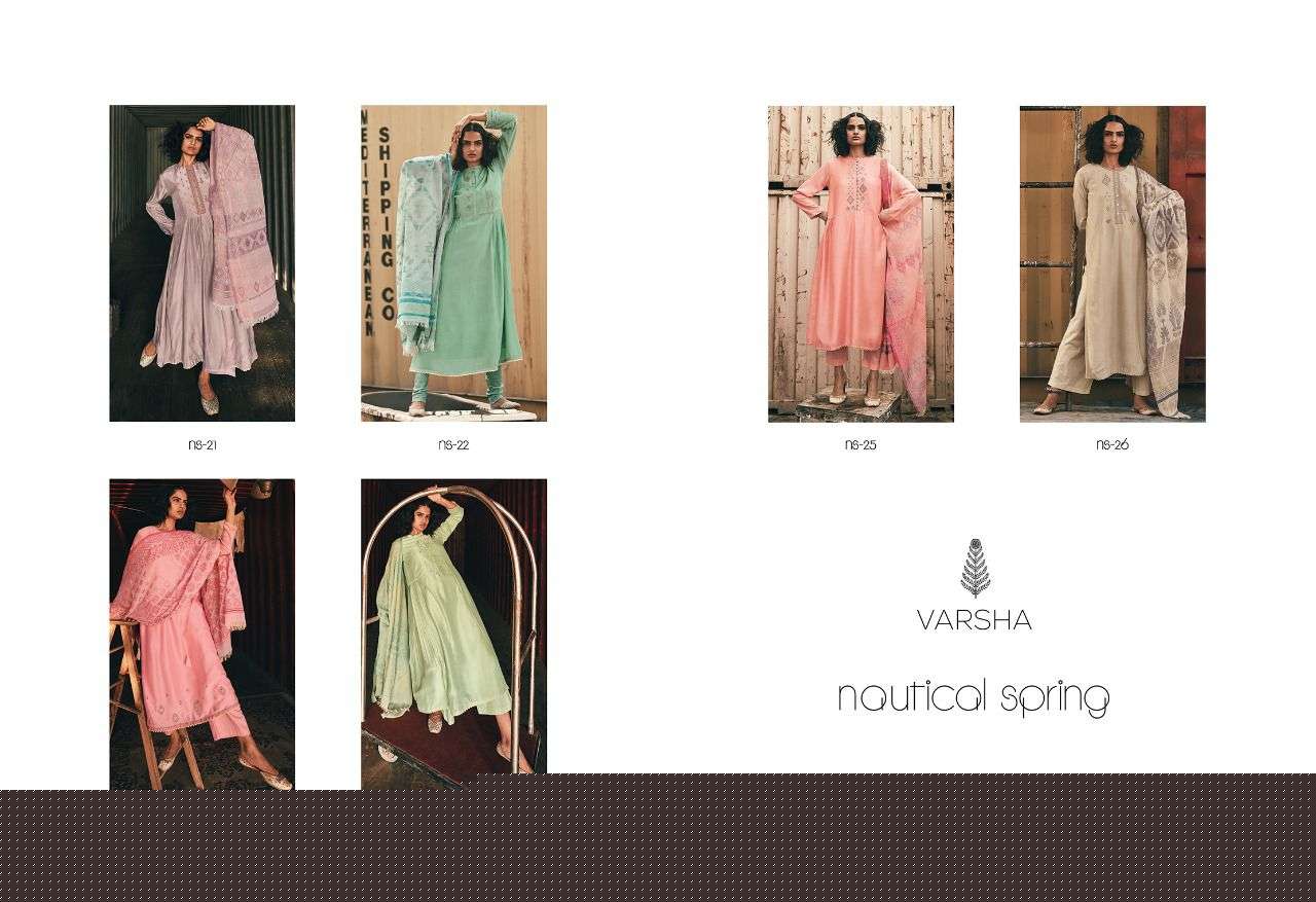 NAUTICAL SPRING BY VARSHA 21 TO 26 SERIES BEAUTIFUL SUITS COLORFUL STYLISH FANCY CASUAL WEAR & ETHNIC WEAR MULBERRY EMBROIDERED DRESSES AT WHOLESALE PRICE