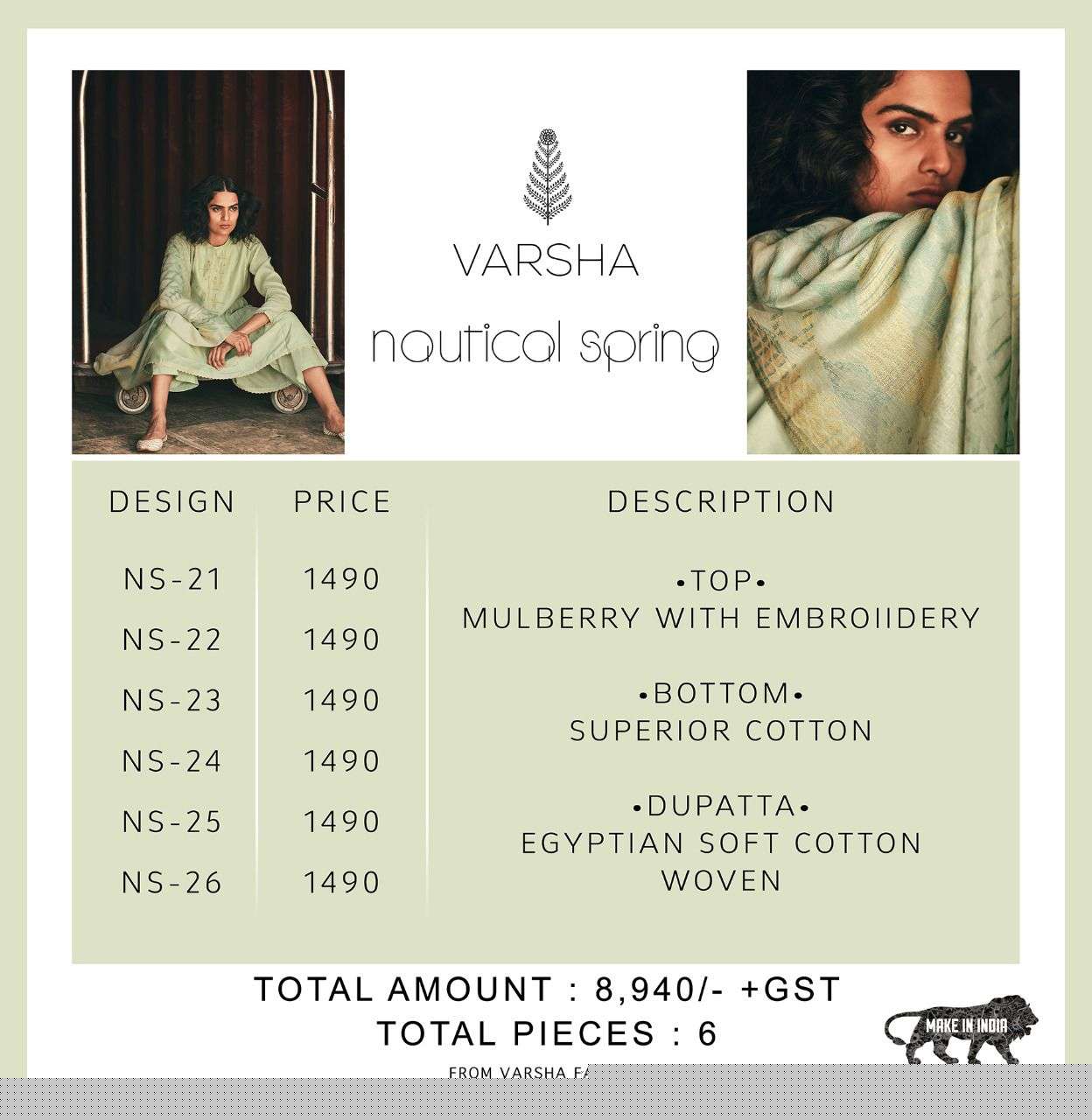 NAUTICAL SPRING BY VARSHA 21 TO 26 SERIES BEAUTIFUL SUITS COLORFUL STYLISH FANCY CASUAL WEAR & ETHNIC WEAR MULBERRY EMBROIDERED DRESSES AT WHOLESALE PRICE